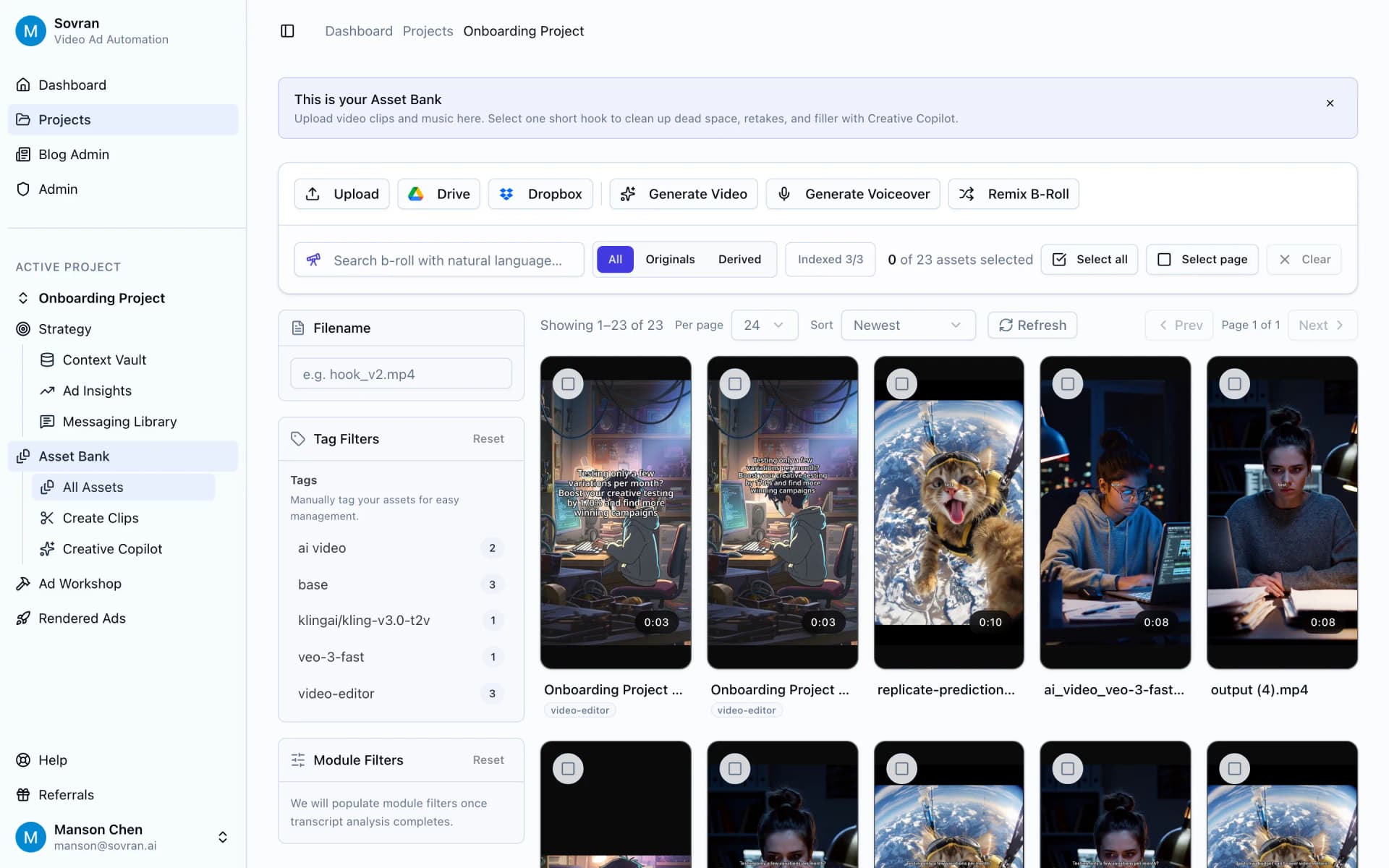 Asset Bank with media tiles, B-roll search, and tag filters