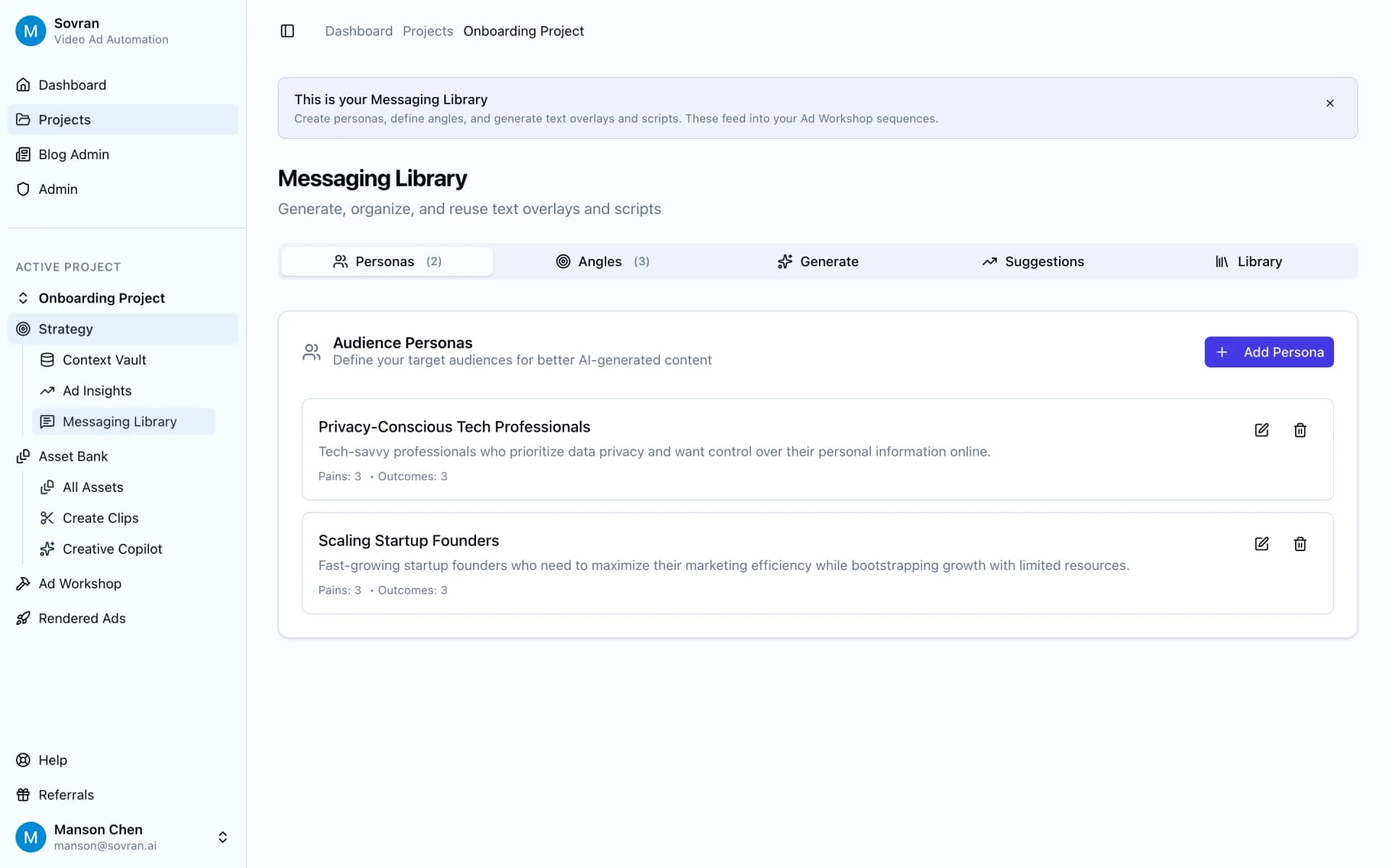 Messaging Library personas for AI generated ad creative in Sovran