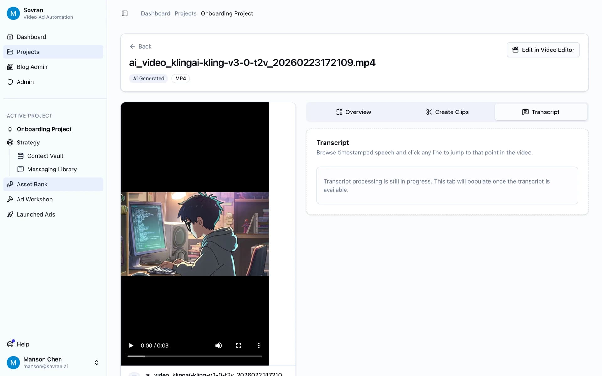 Transcript panel with time-stamped lines for a source video