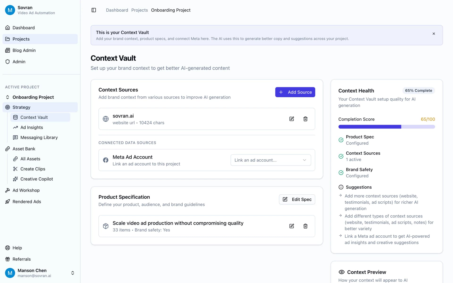 Context Vault with project sources and notes for client ad planning