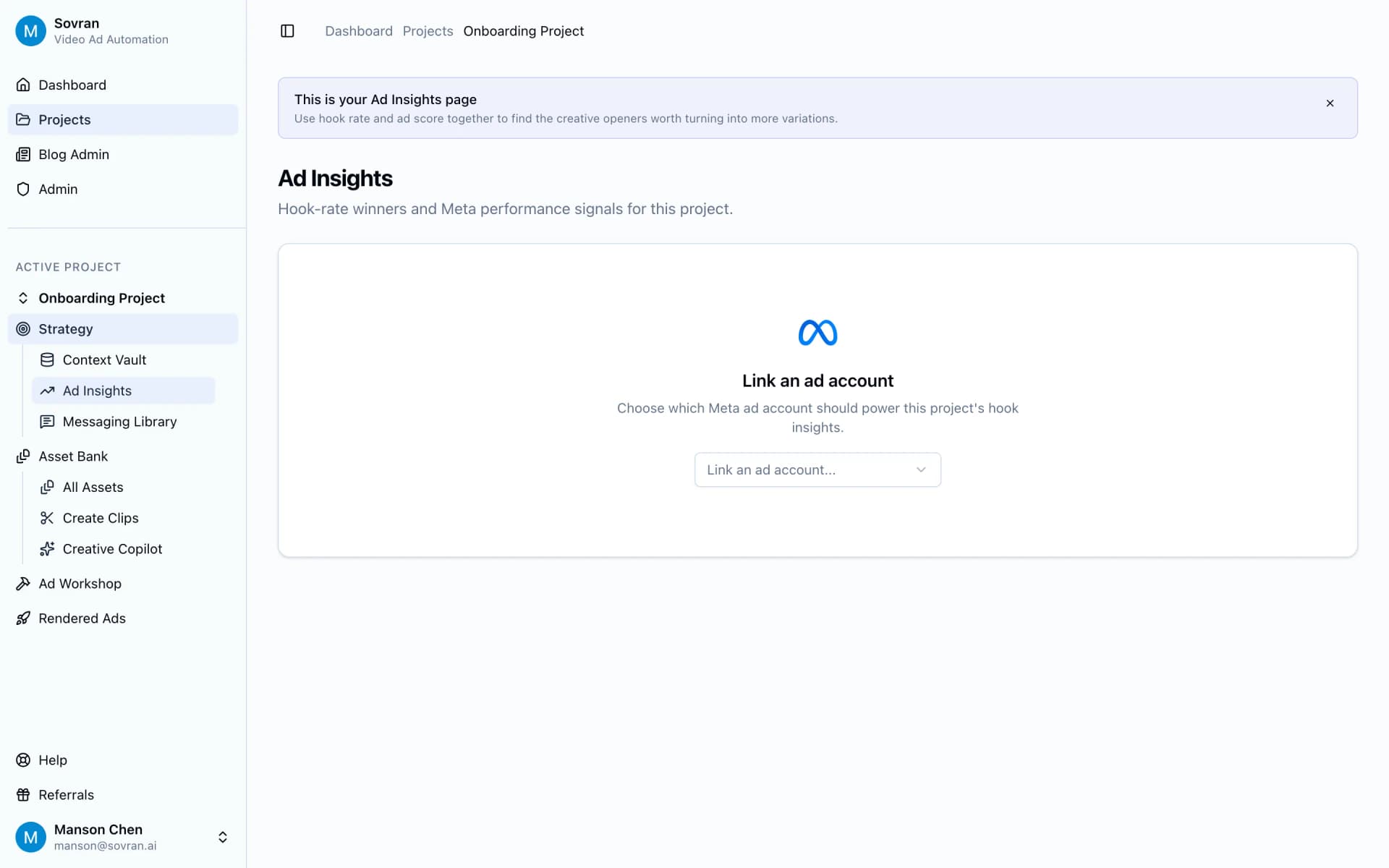 Ad Insights page with Meta account link prompt for client reporting