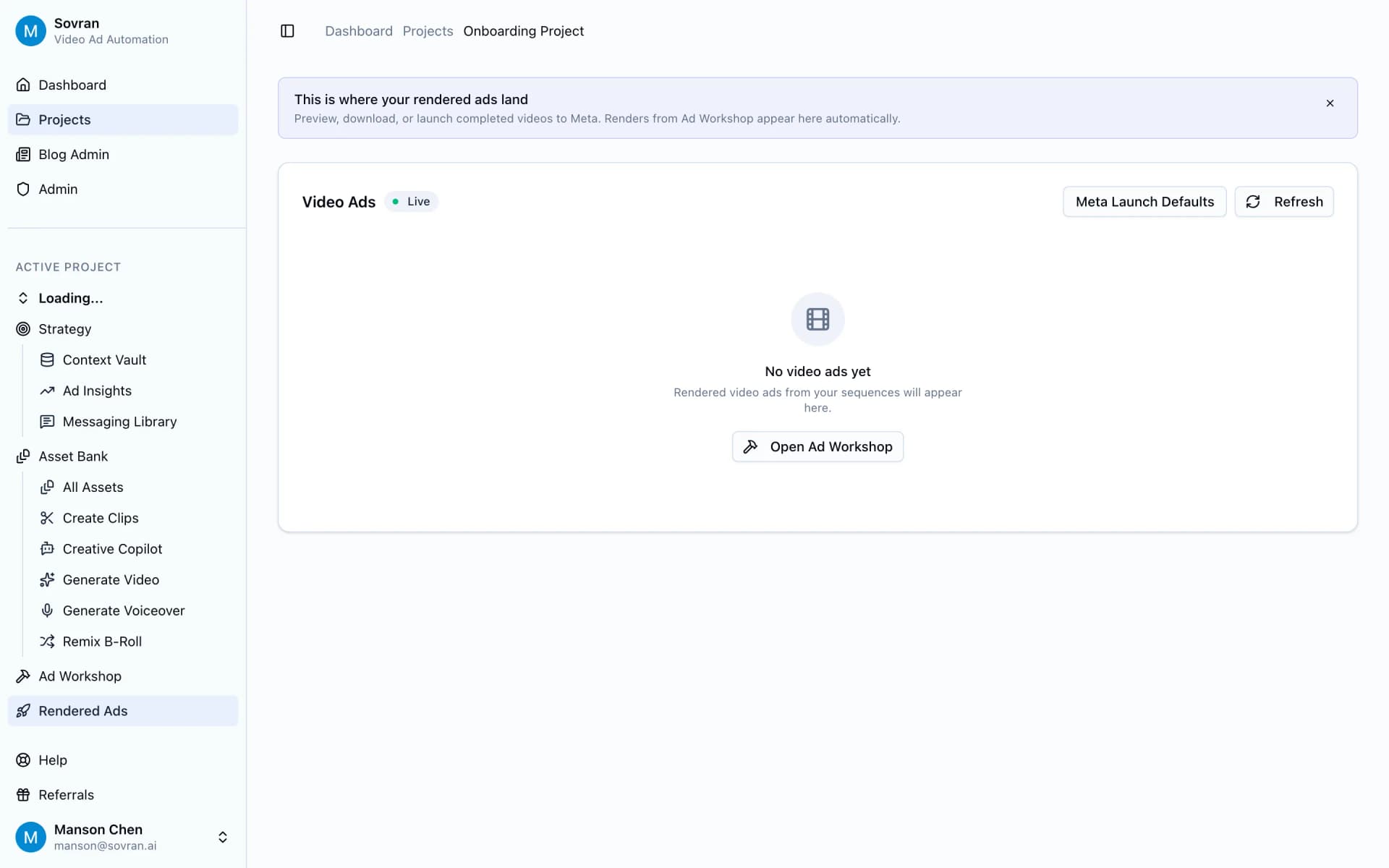 Rendered Ads page with finished video ads ready for review and export