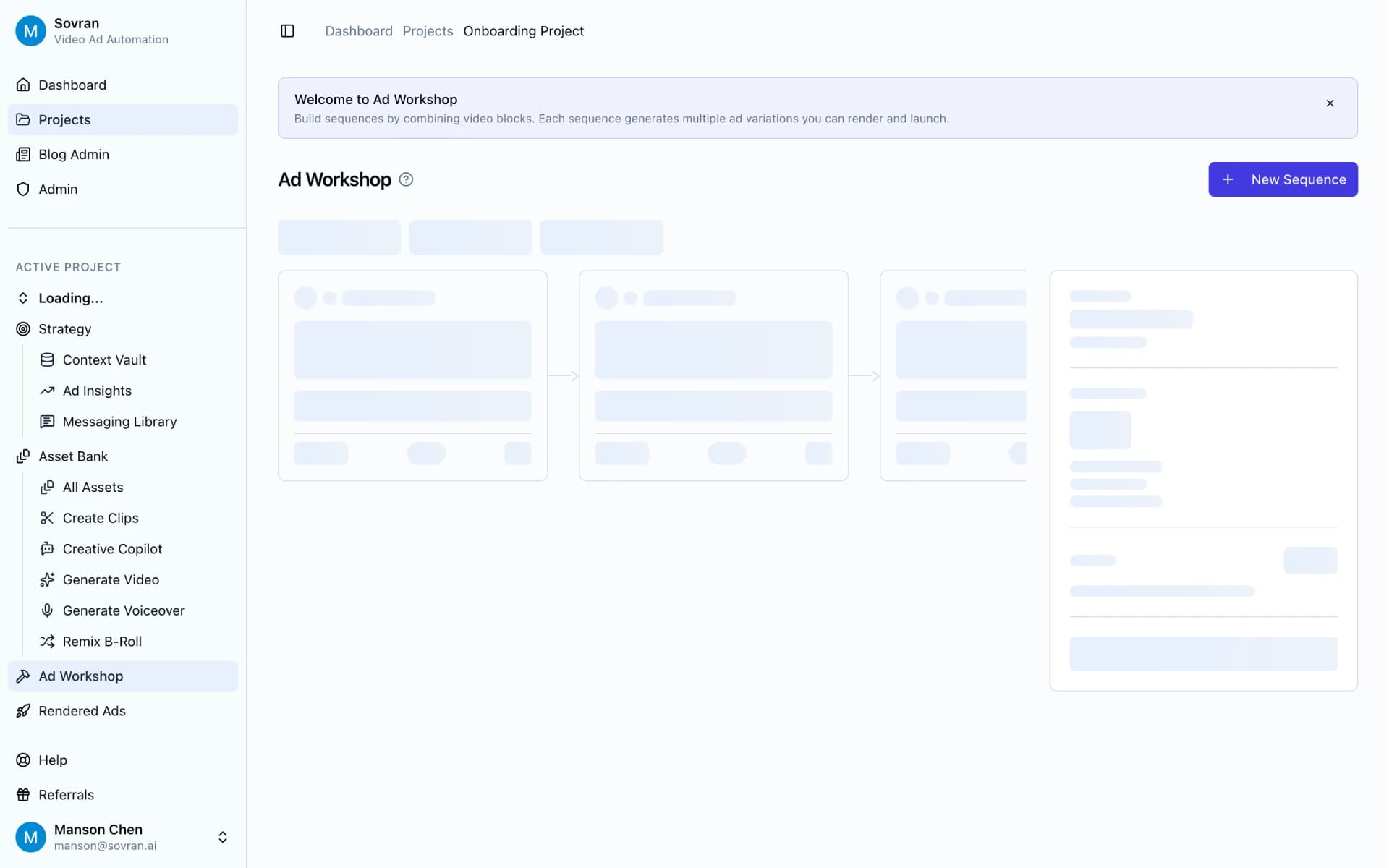 Facebook creative hub workflow in Sovran Variation Builder with a New Sequence button and sequence canvas