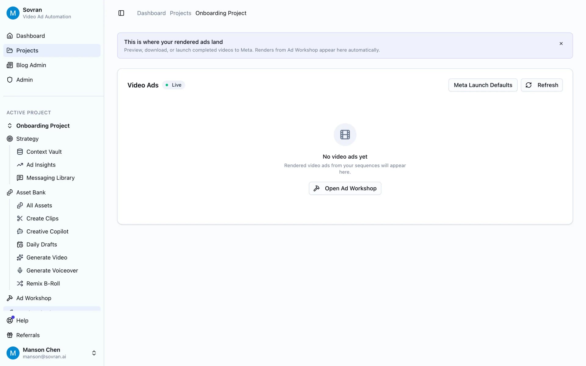 Ad Library with finished video variations ready to preview, download, or launch