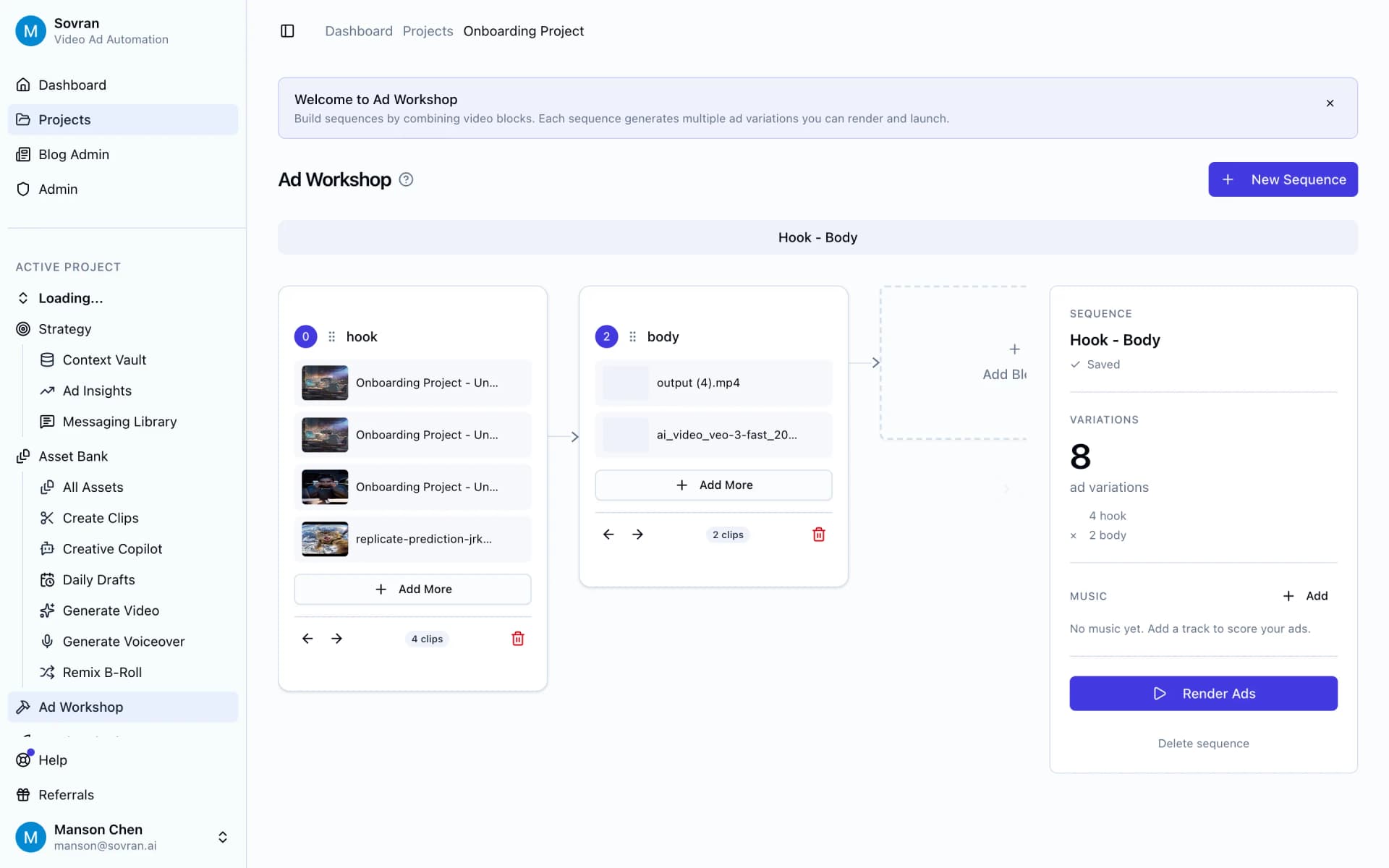 Variation Builder with modular hook, body, and CTA sequence blocks