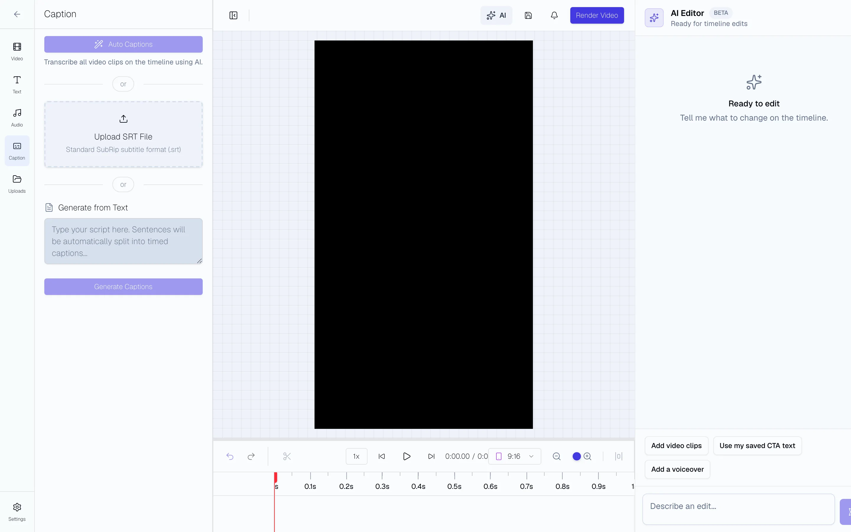 Caption panel with auto captions, SRT upload, text generation, and a 9:16 preview canvas