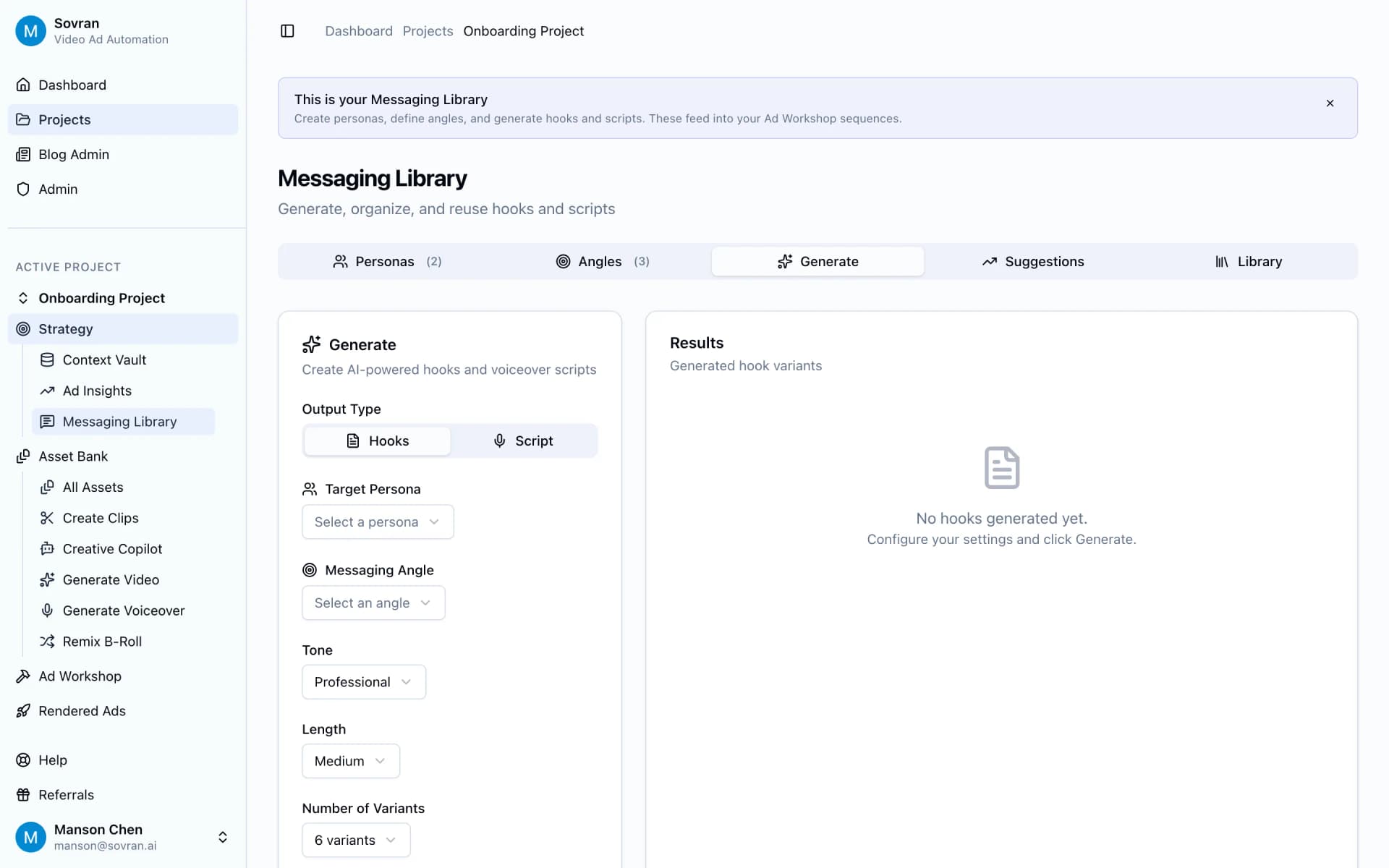 Messaging Library Generate tab with hook controls and empty generated results