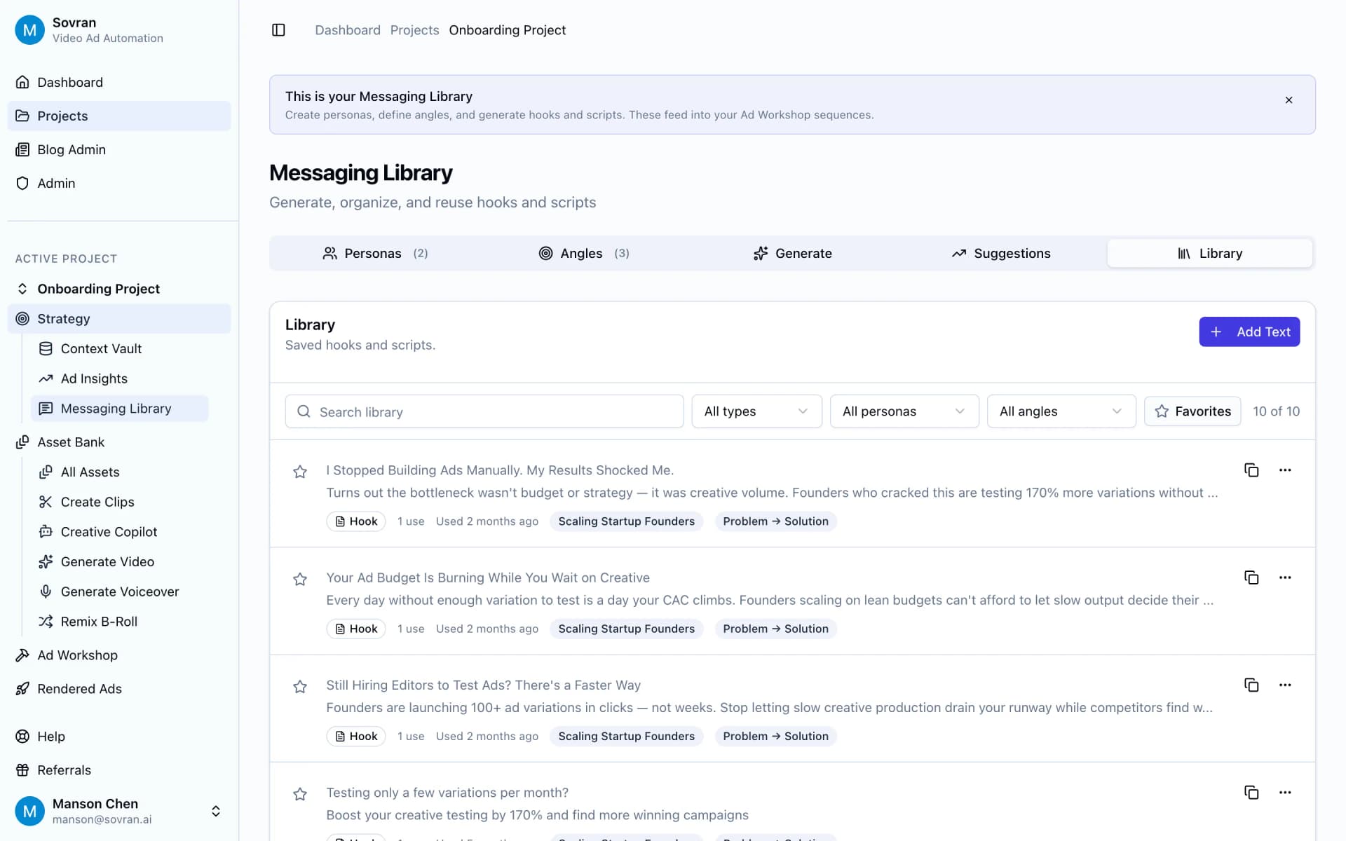 Messaging Library saved hooks with type, persona, angle, favorite, and copy controls