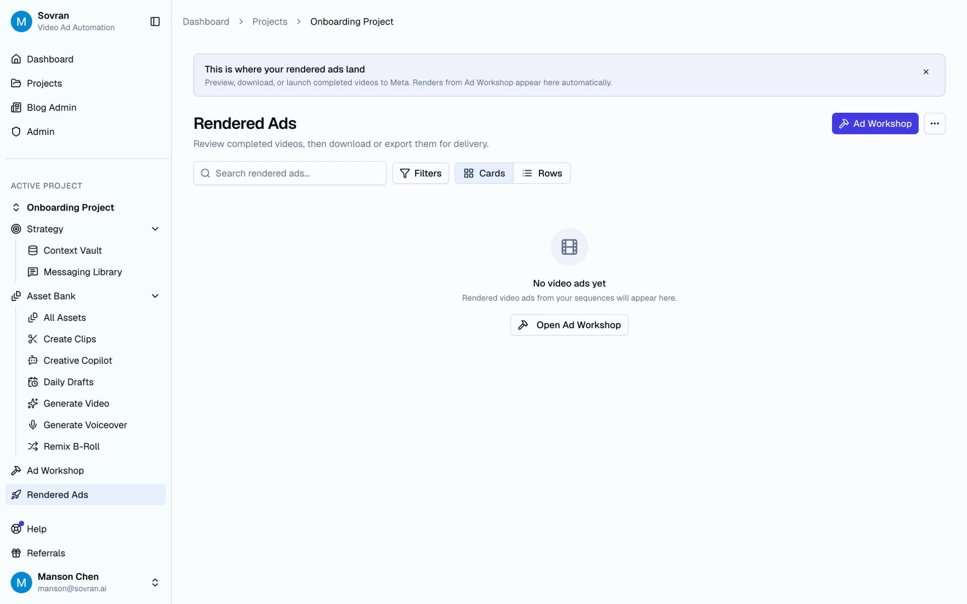 Rendered Ads empty state with search, filters, and Variation Builder controls