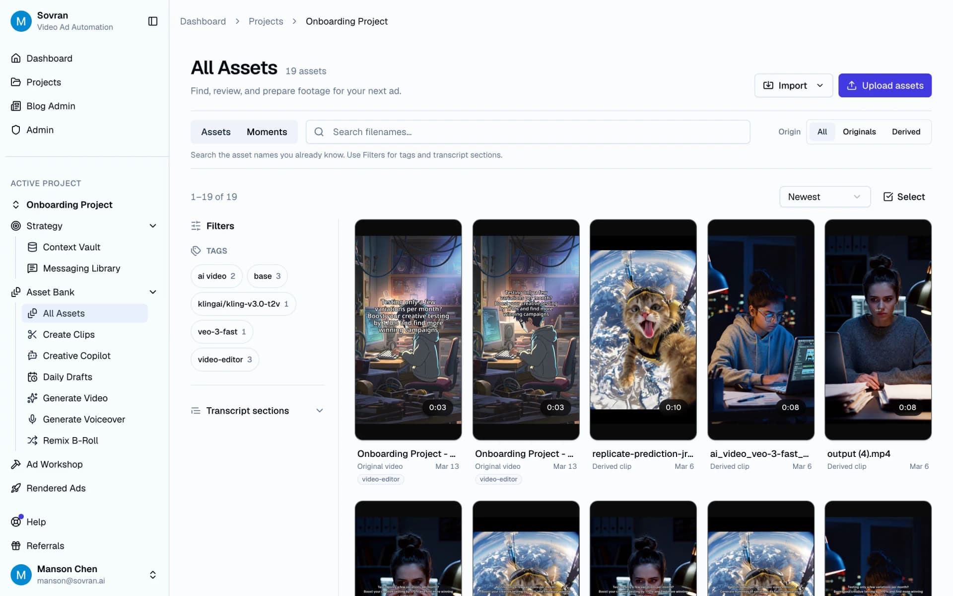 Asset Bank with vertical source clips, tags, search, and import controls