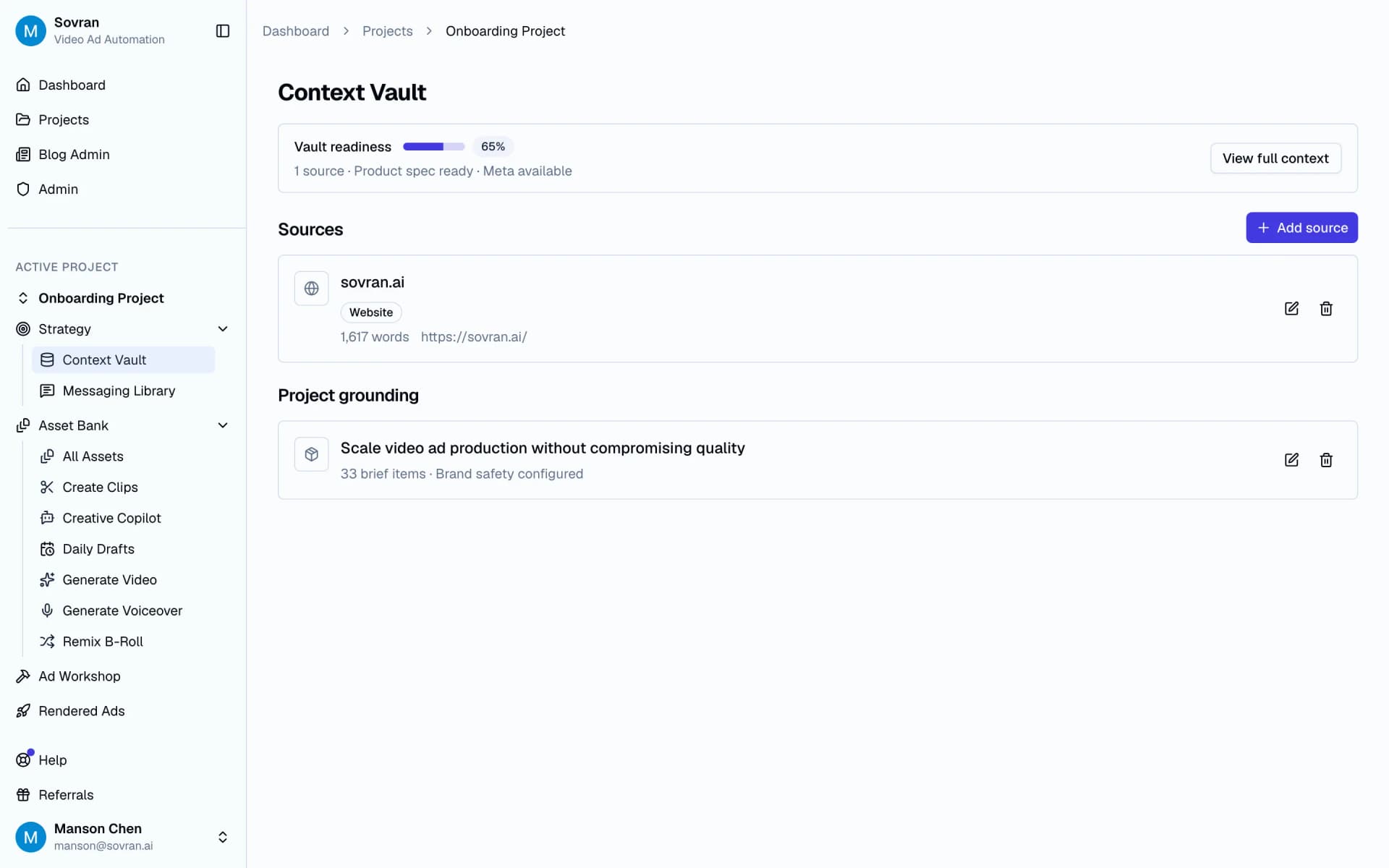 Context Vault with website source, project grounding, and readiness score