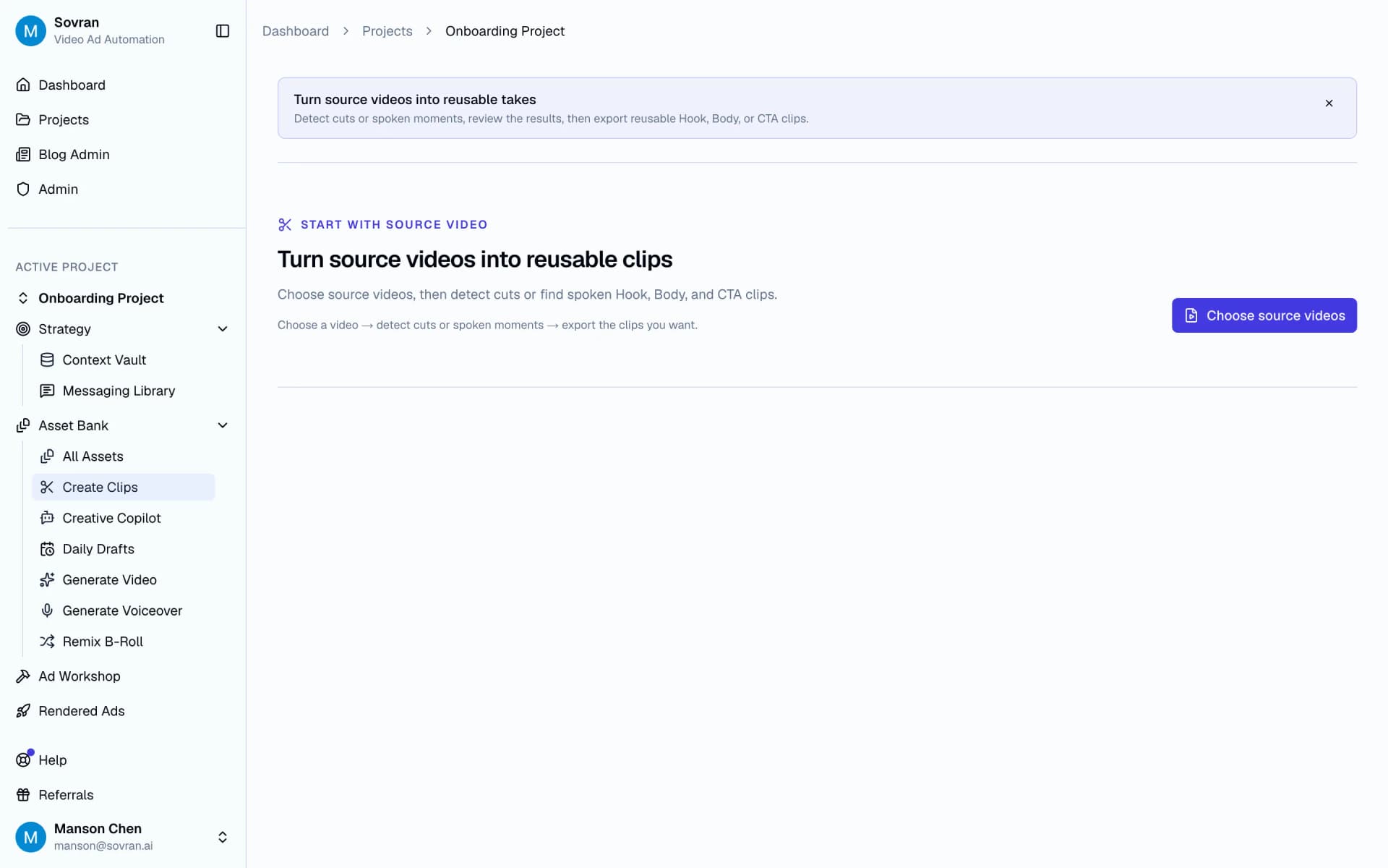 Create Clips empty state for turning source videos into hook, body, and CTA clips