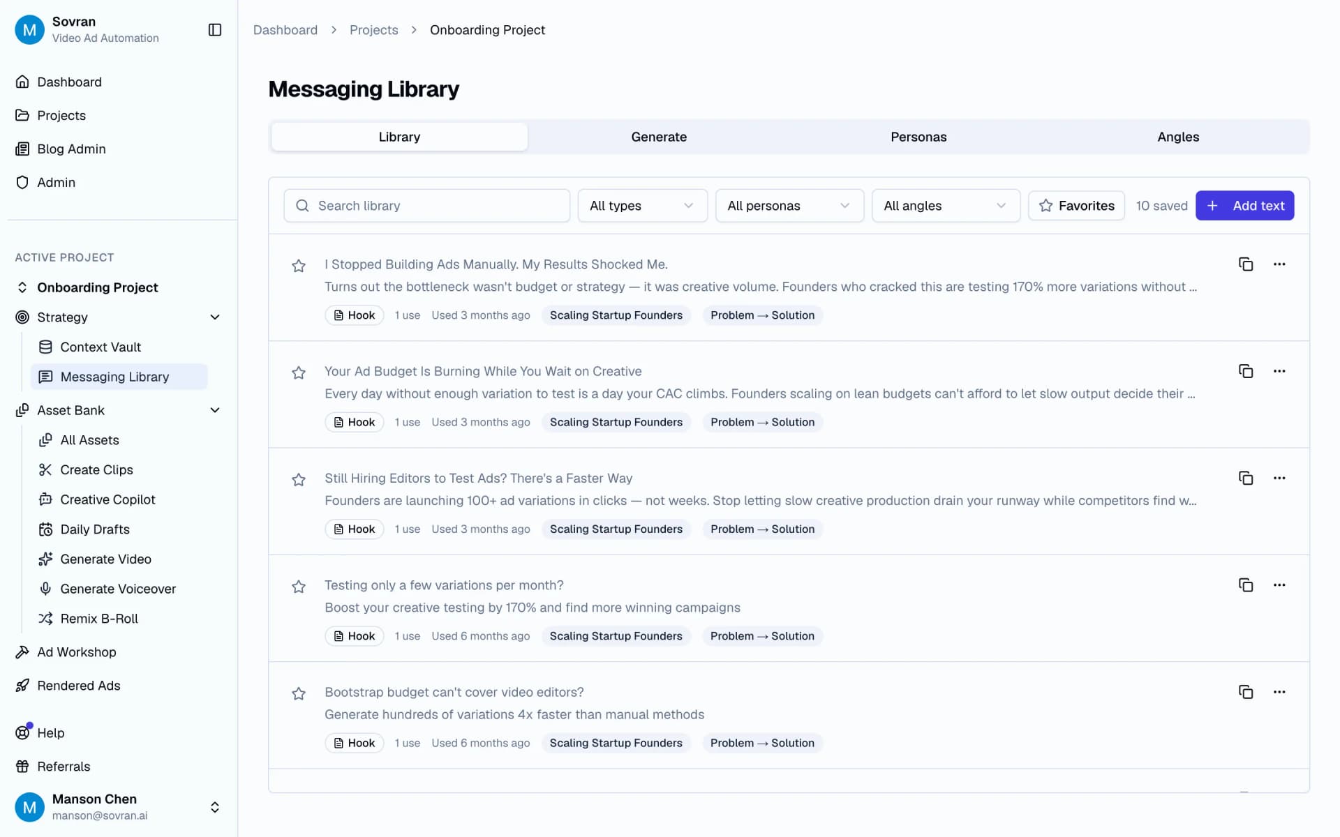 Messaging Library with saved hooks, personas, and campaign angles