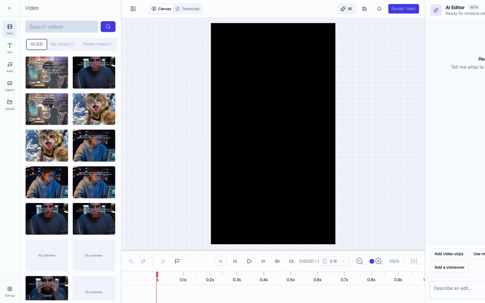 Video Editor with vertical canvas, media clips, timeline, and AI edit panel