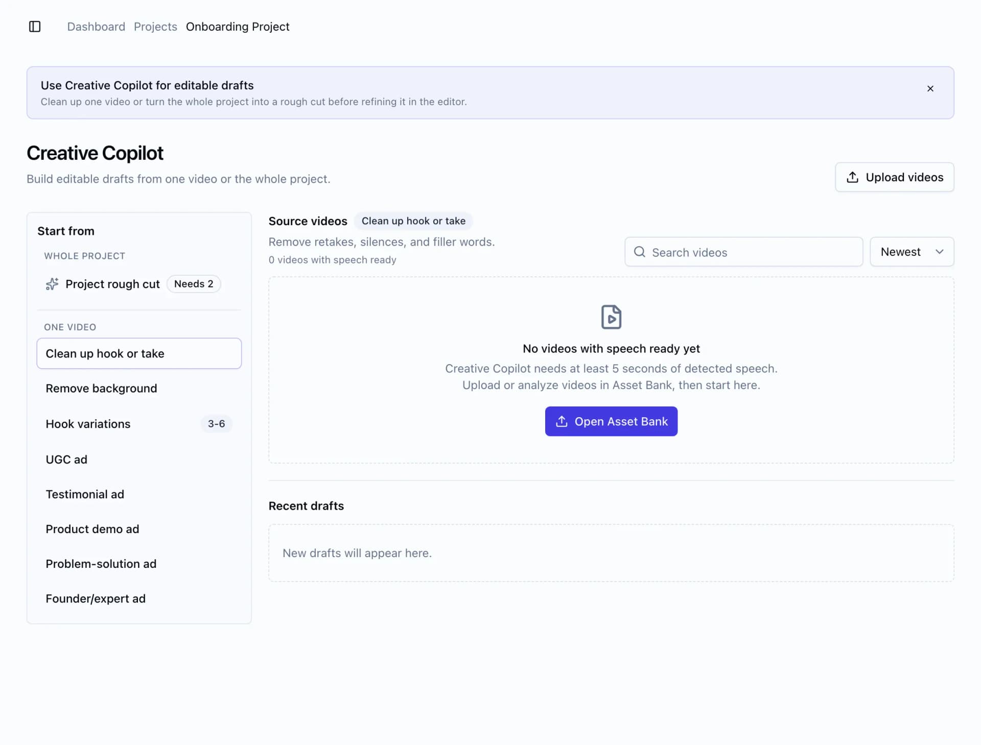 Creative Copilot workspace with hook cleanup options and source video search