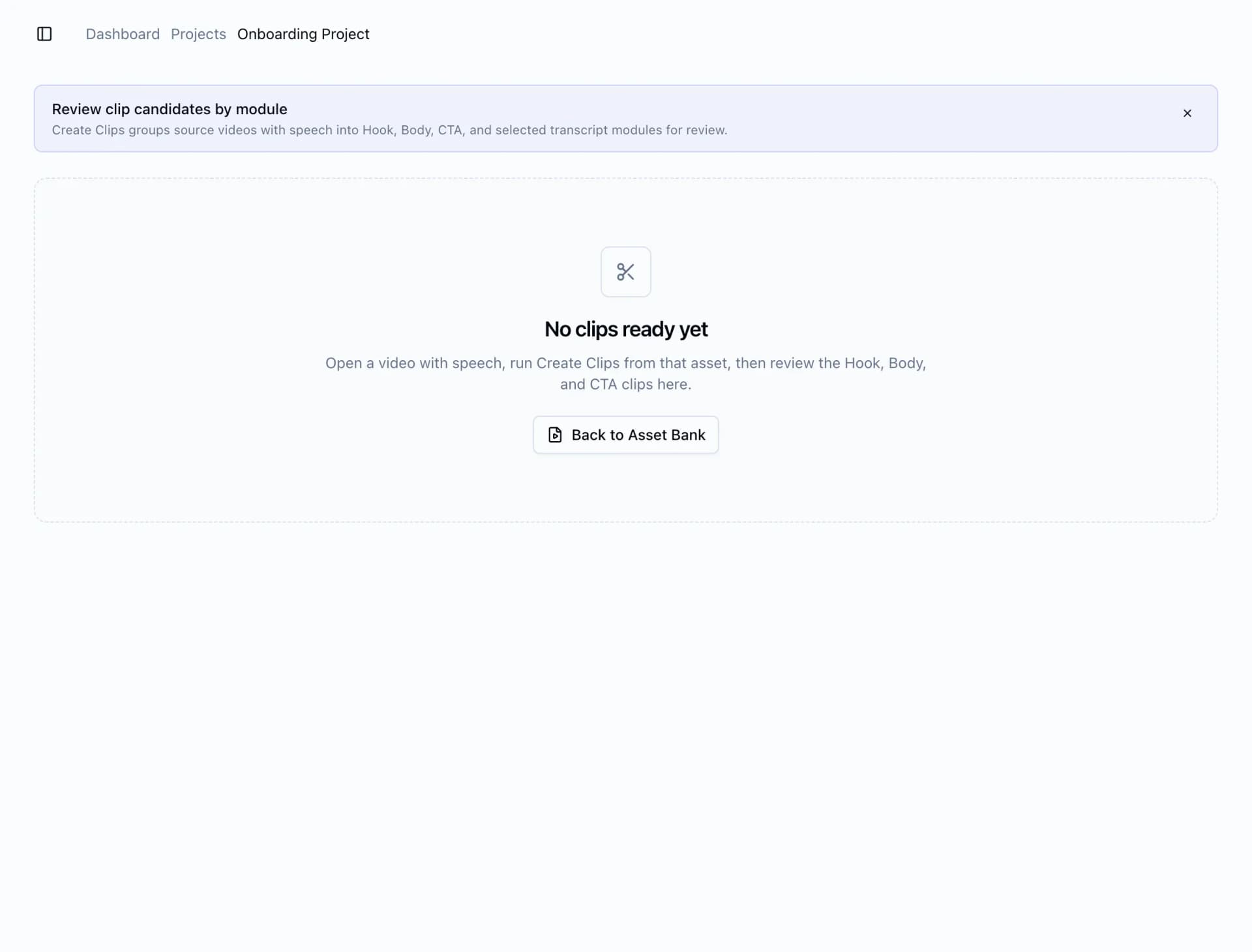 Create Clips workspace with hook, body, CTA, and transcript module review