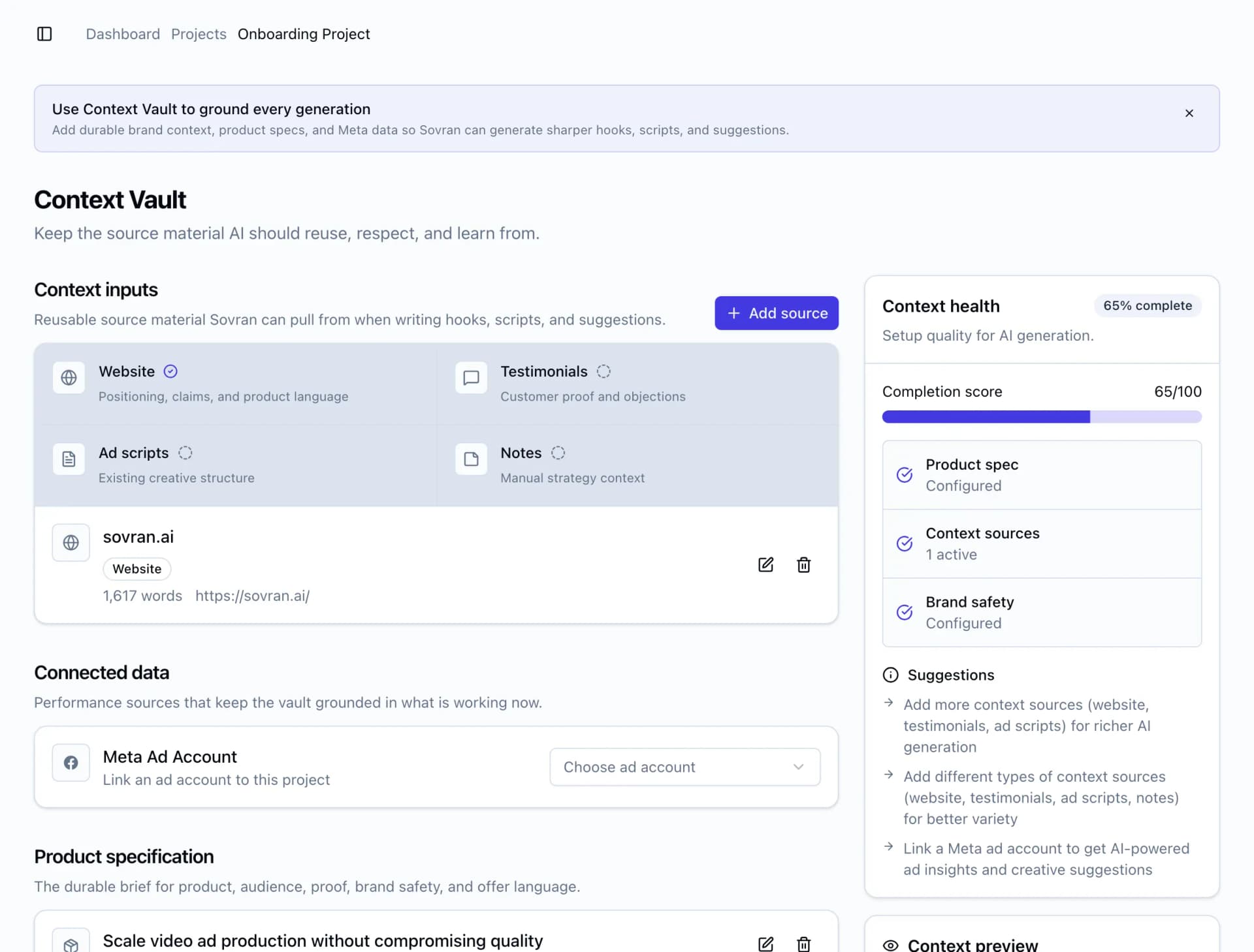 Context Vault with website source, testimonials, ad scripts, notes, and context health