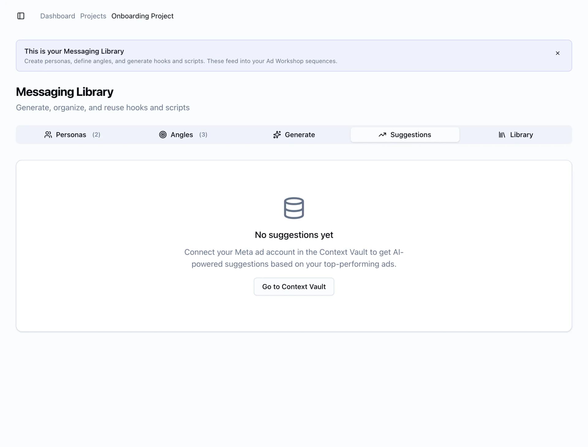 Messaging Library suggestions tab with personas, angles, generate, and library controls