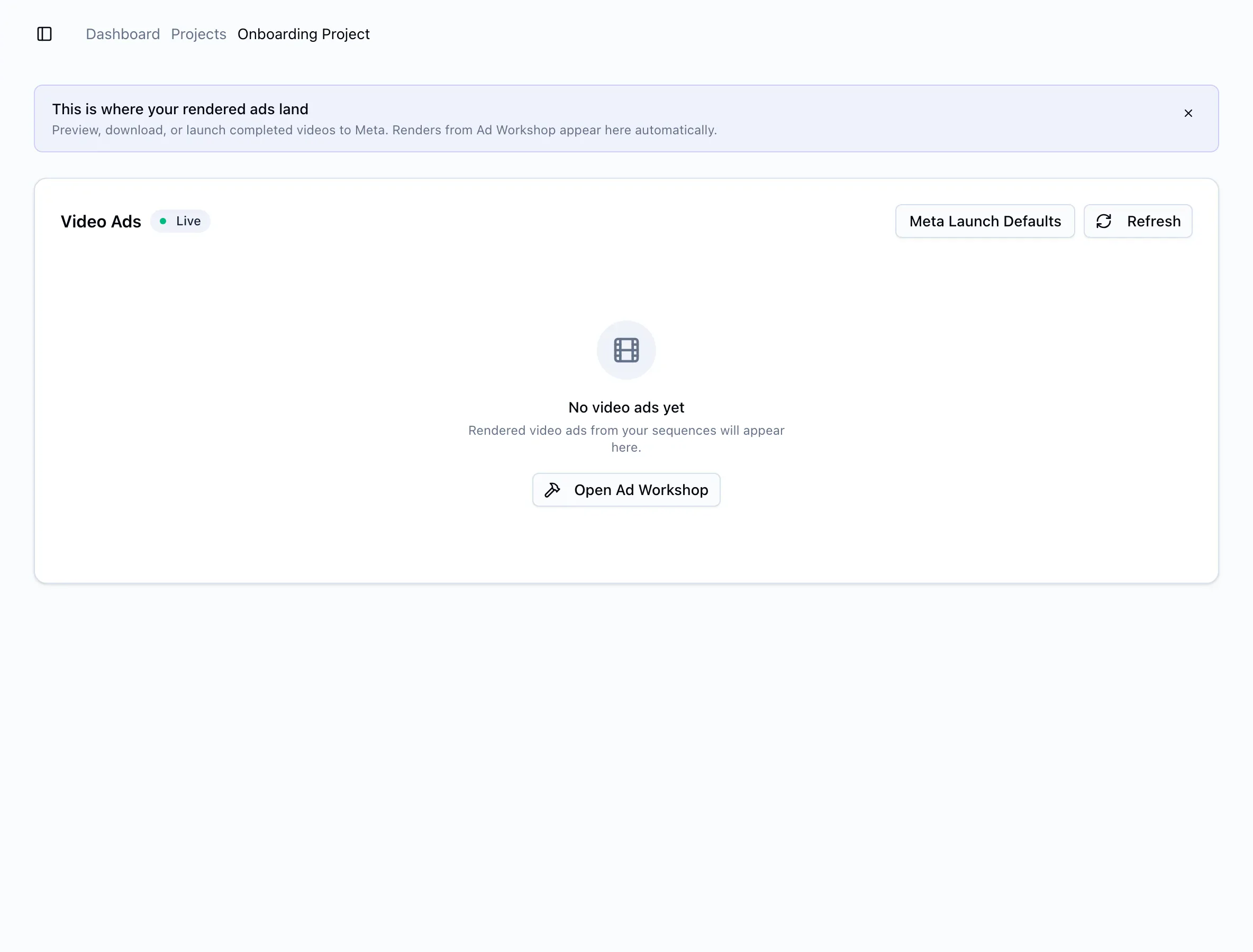 Rendered Ads page with finished video ads ready for review and export