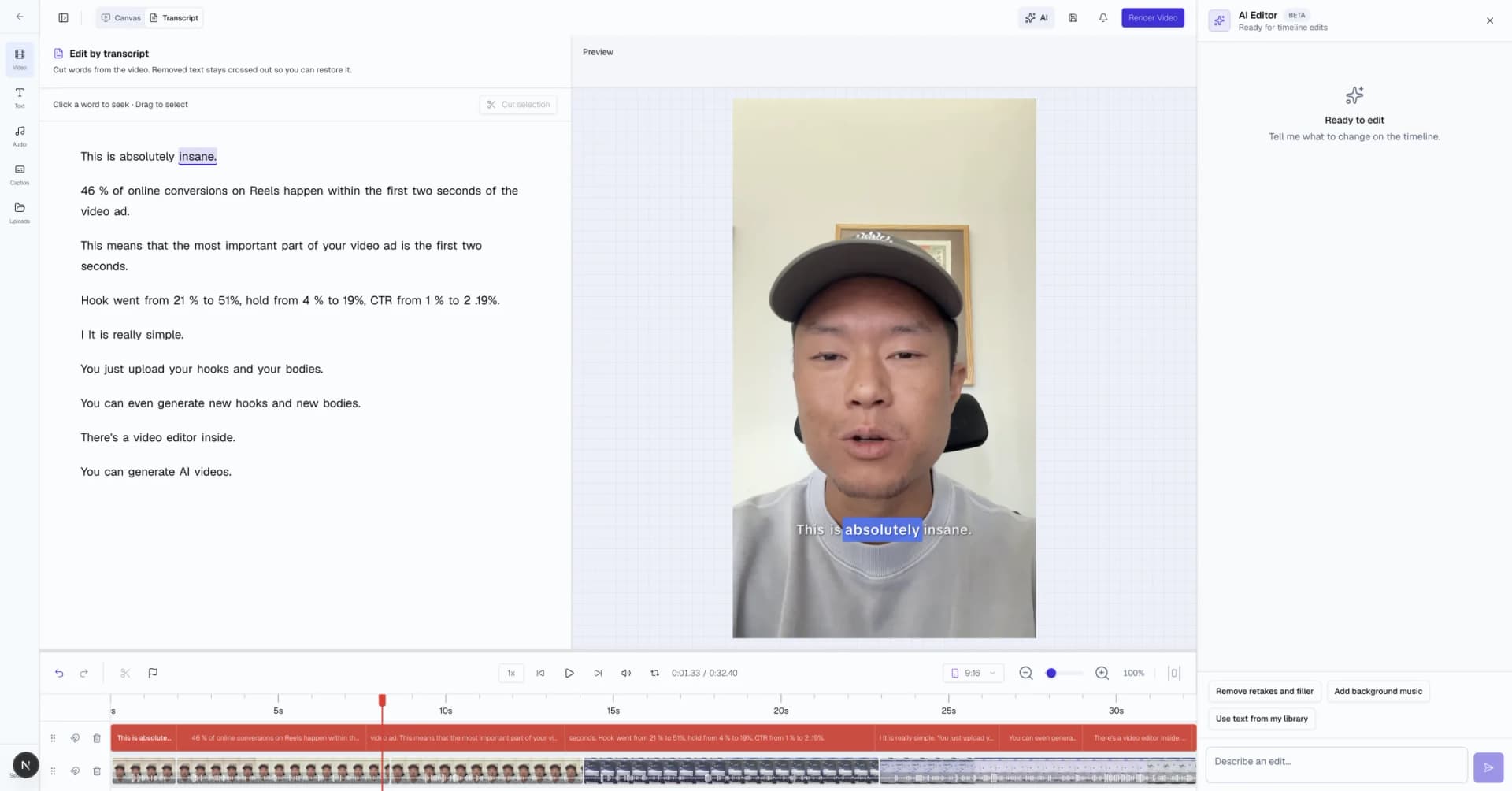 Sovran Video Editor showing transcript-based cutting, a vertical video preview, the multi-track timeline, and the AI Editor