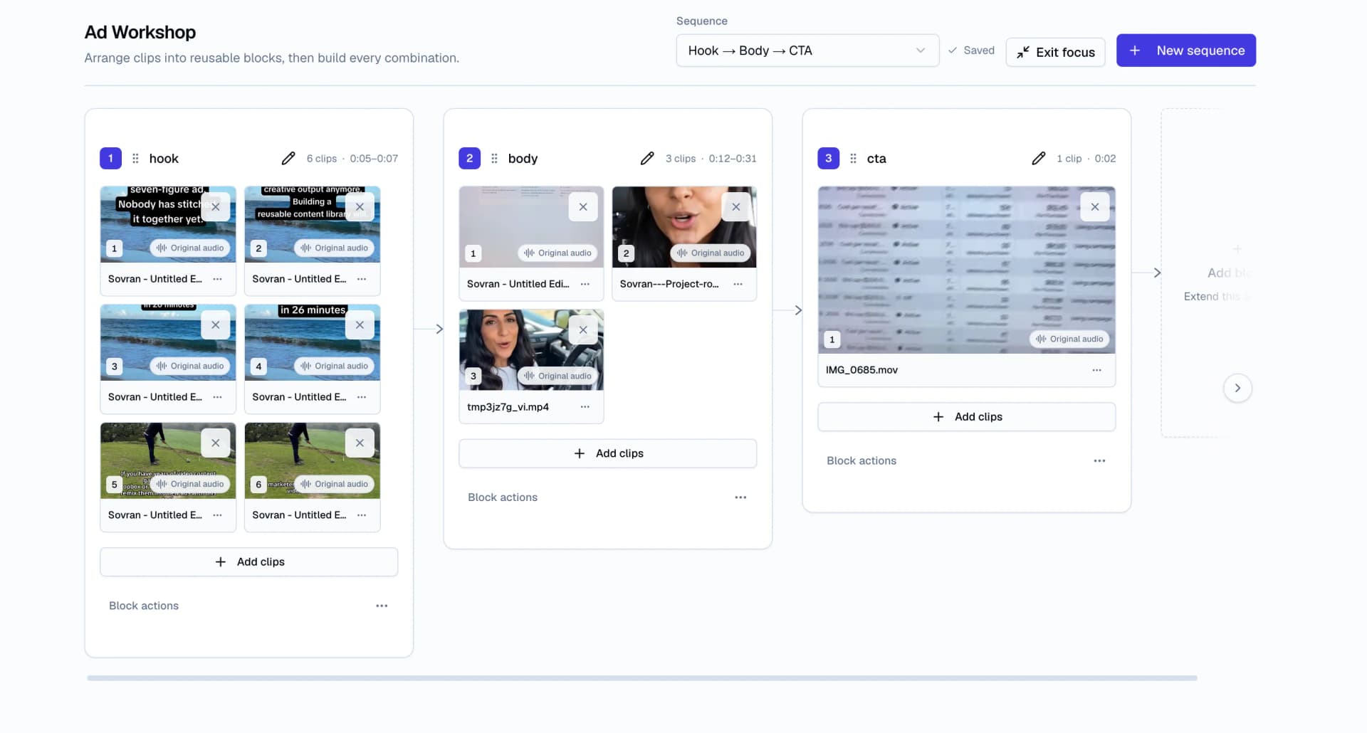 Sovran Variation Builder arranging hook, body, and CTA clips into modular video ad combinations
