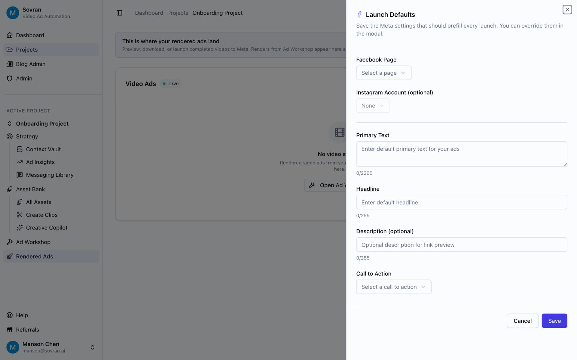 Launch Defaults sheet with Meta page, copy, headline, and call-to-action fields
