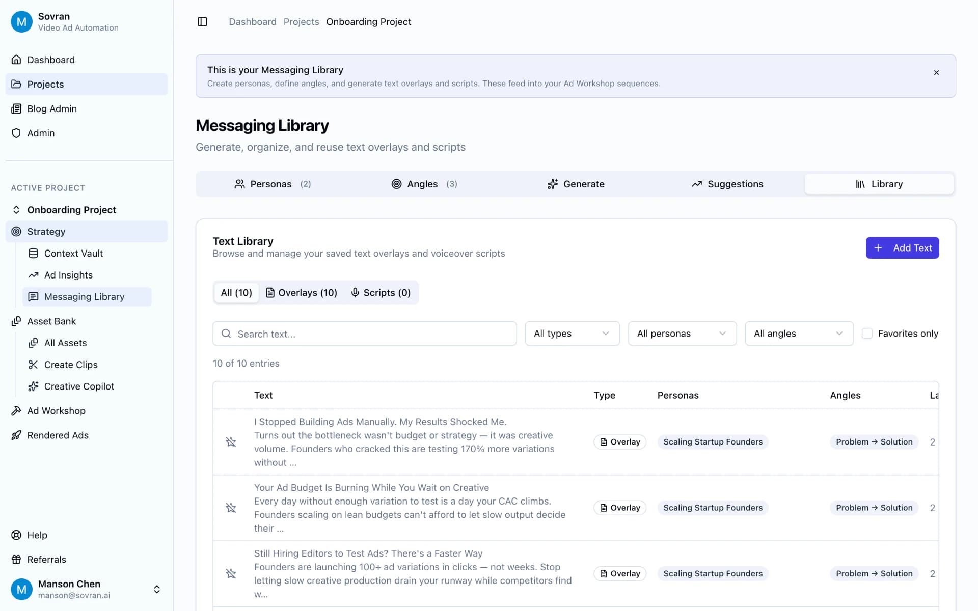 Text Library table with saved overlays, personas, and angles for future tests