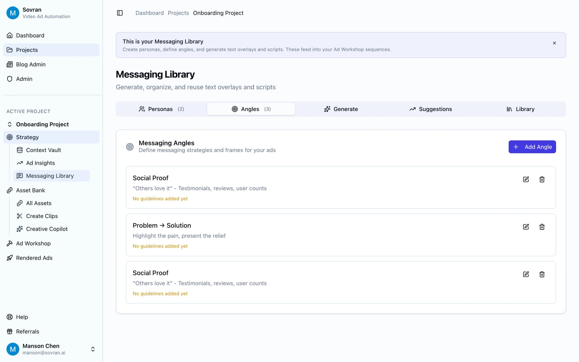 Messaging Library angles tab with reusable frames for clean variable tests