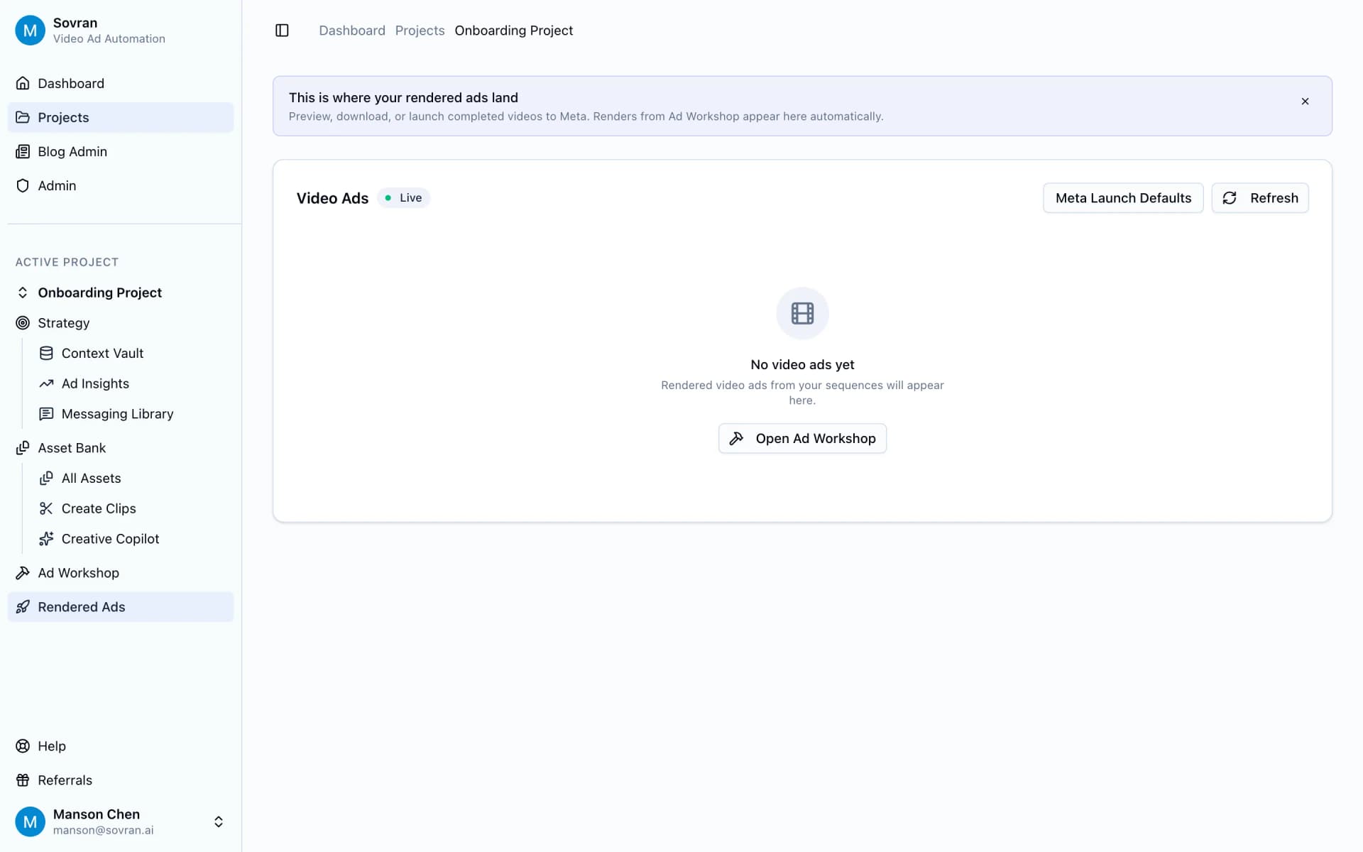Sovran workspace with video ads ready for review and export