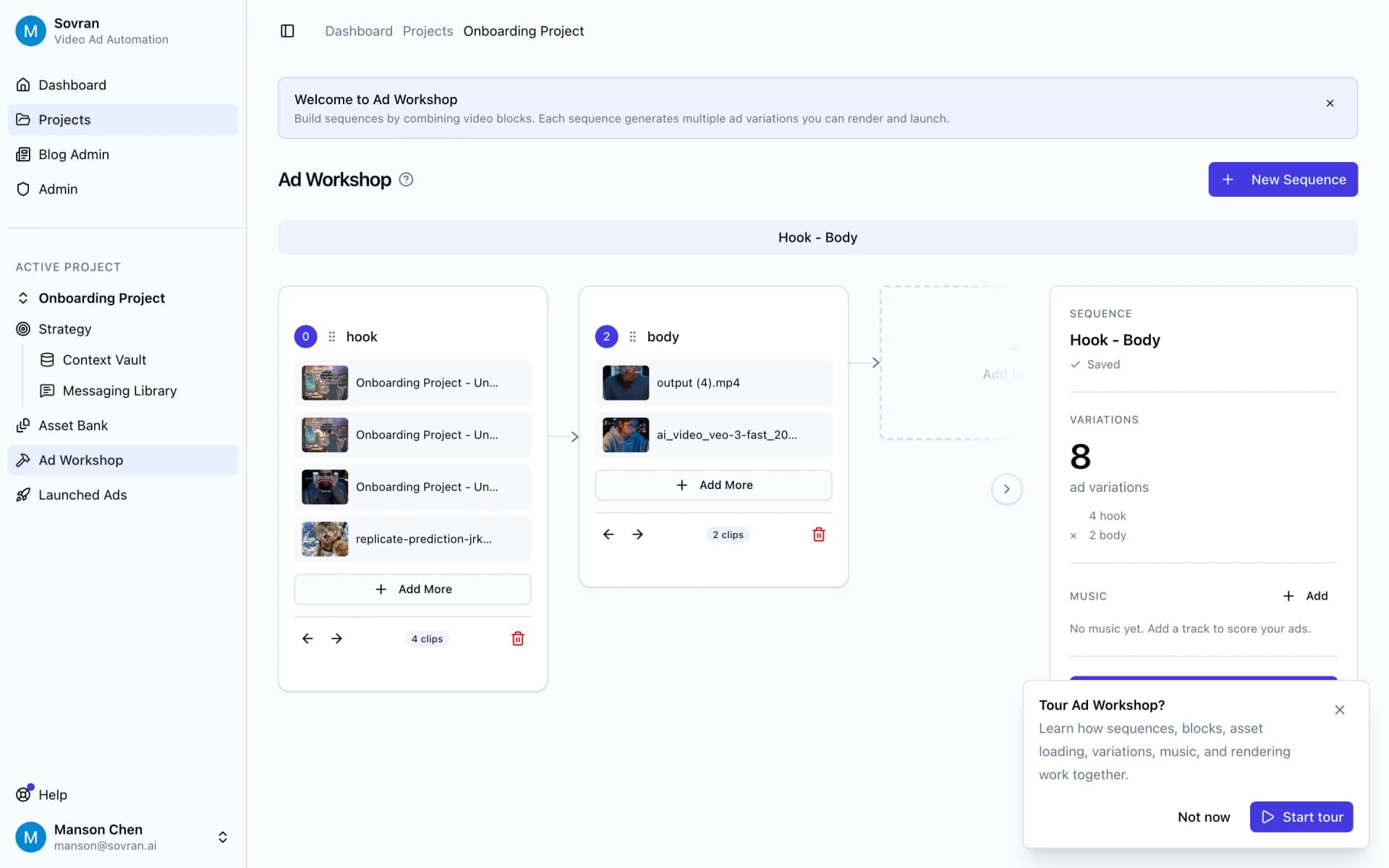 Ad creative production workflow tool for DTC brands shown in Sovran's Variation Builder