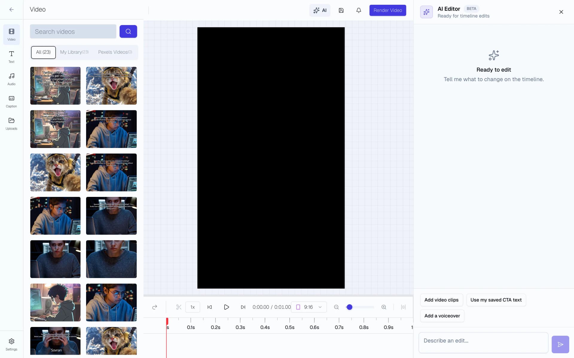 Auto caption generator overlaying styled, sync-accurate captions on a video ad inside Sovran's video editor