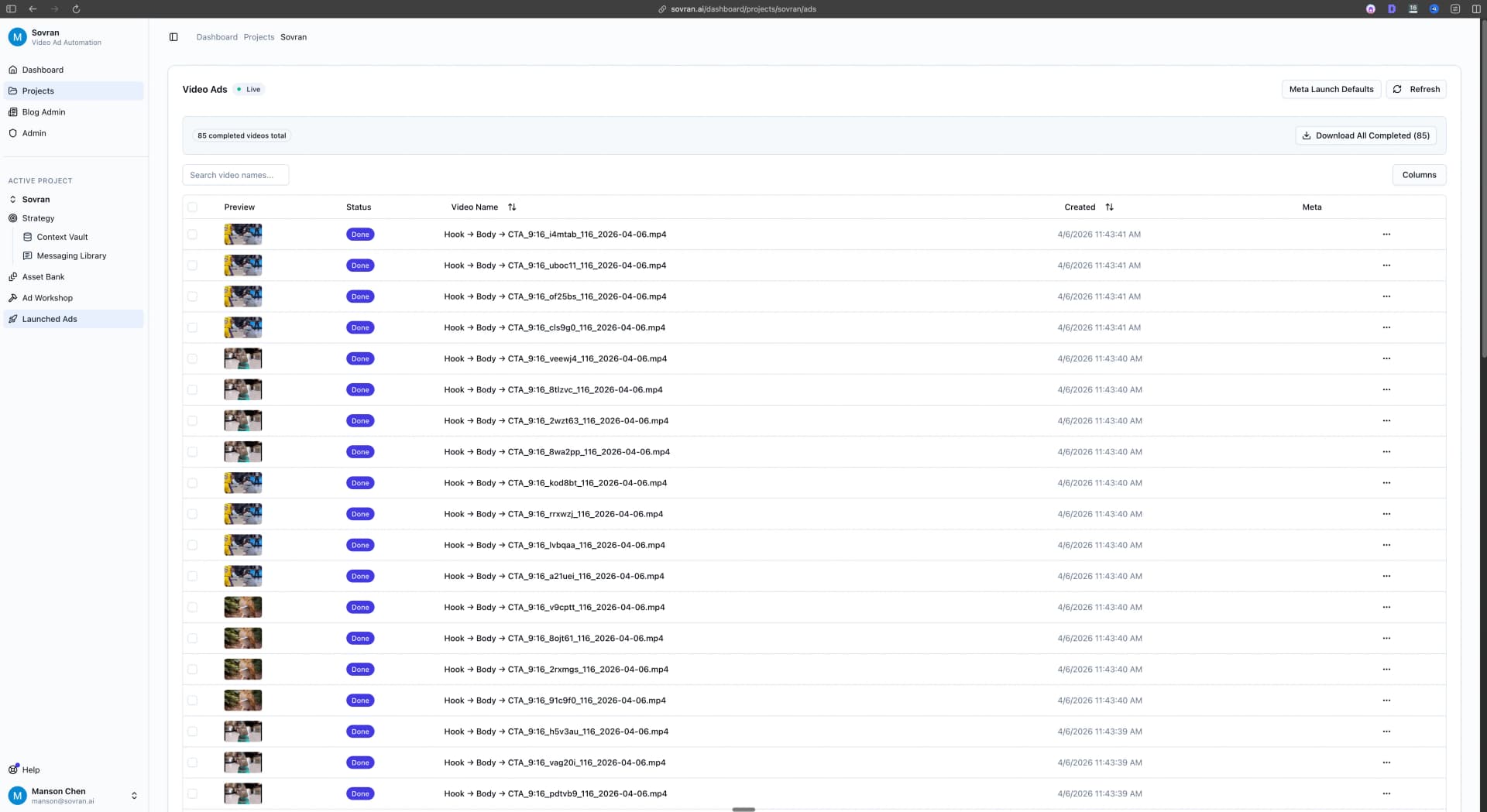 Ad Library showing merged clip combinations grouped by concept