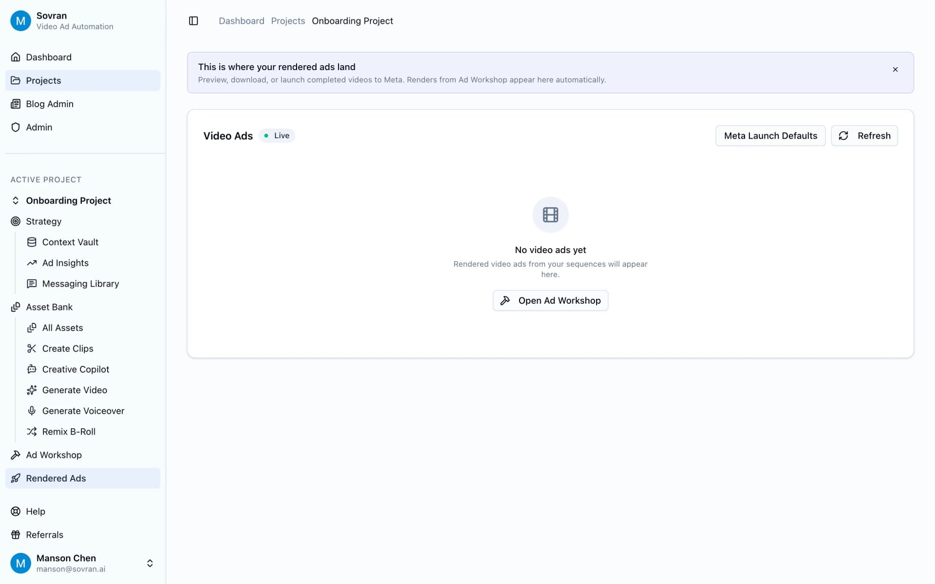 Rendered Ads page with launch defaults and review controls