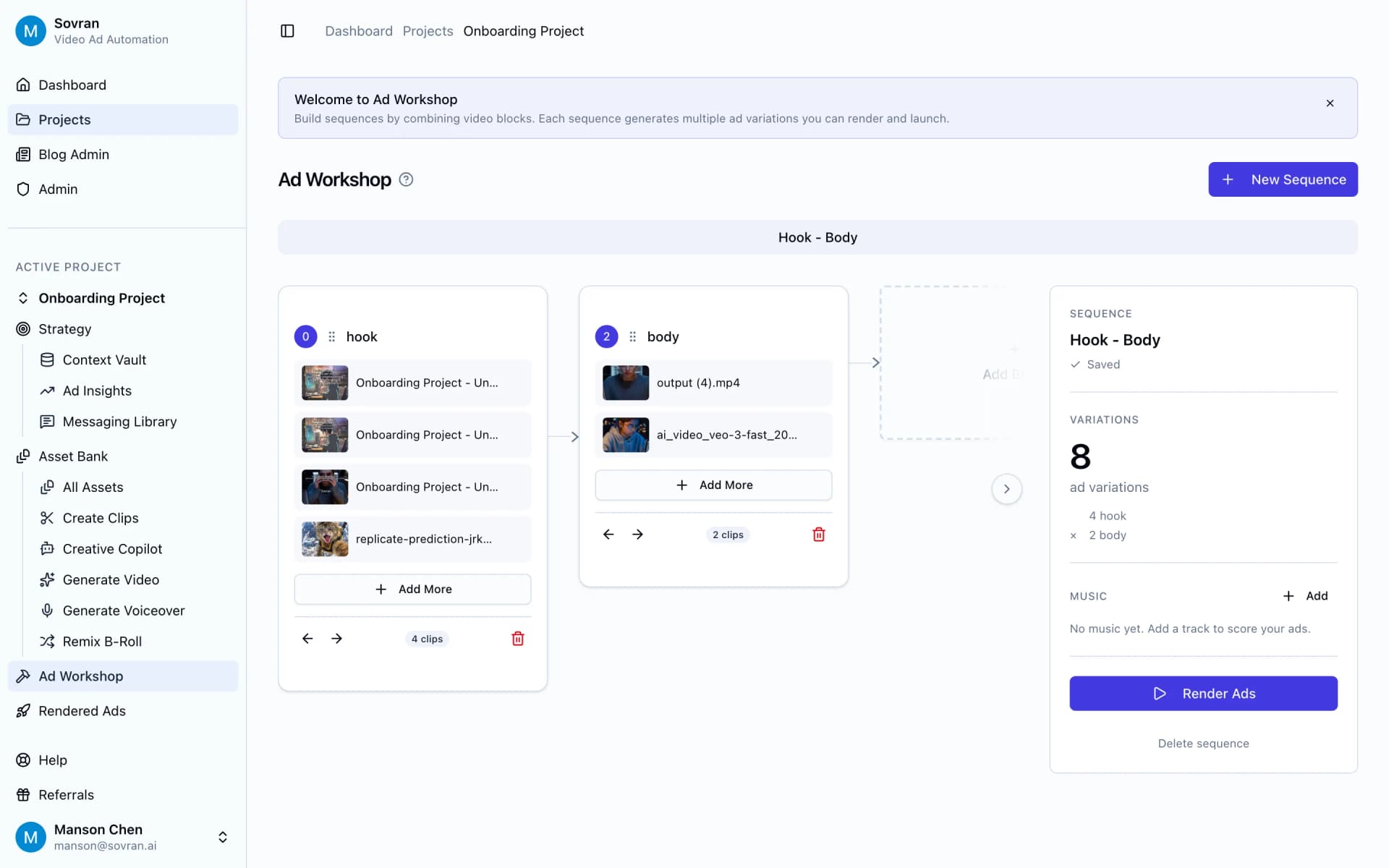 Variation Builder with hook, body, and CTA blocks ready to combine