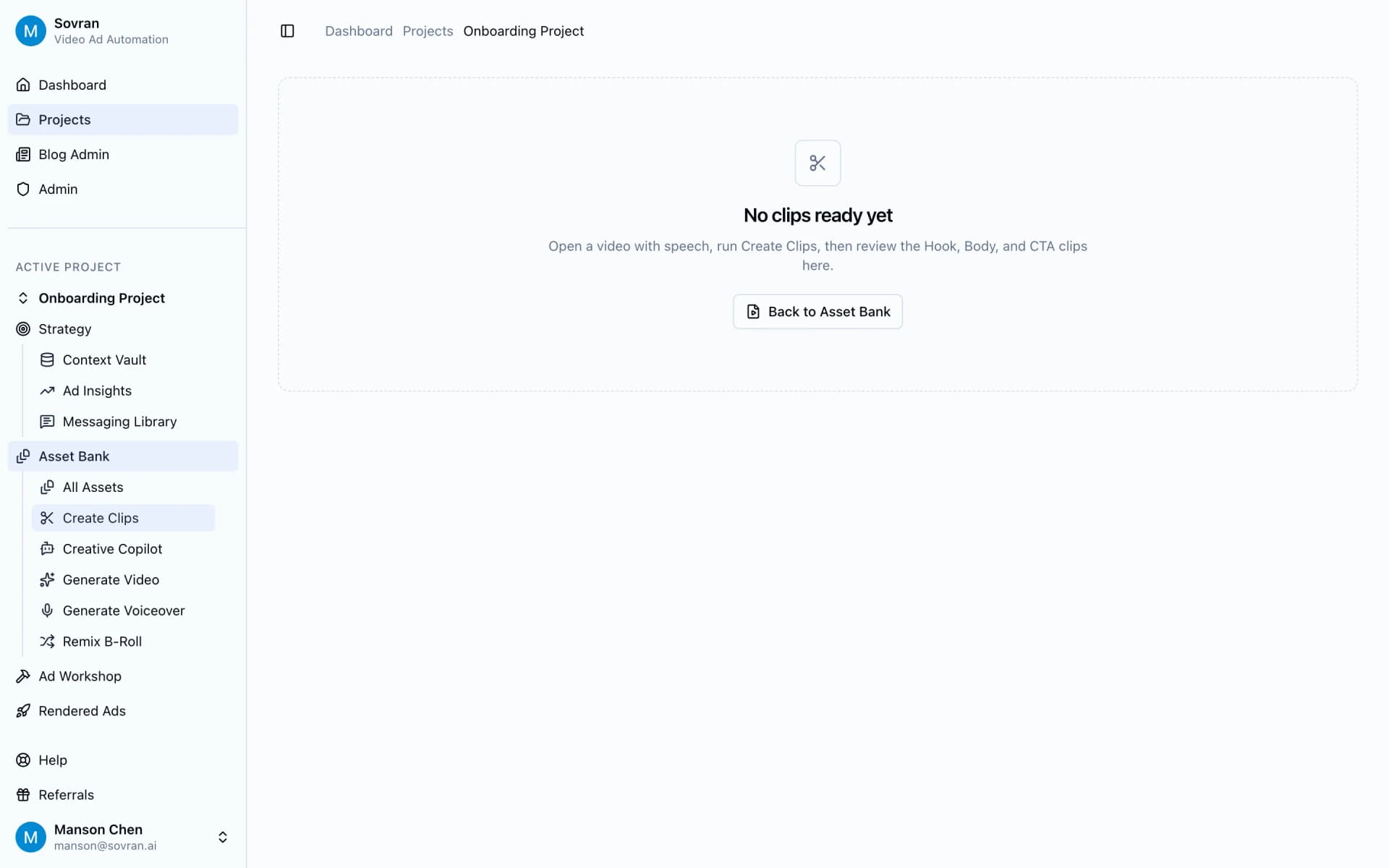 Create Clips empty state prompting a source video with speech
