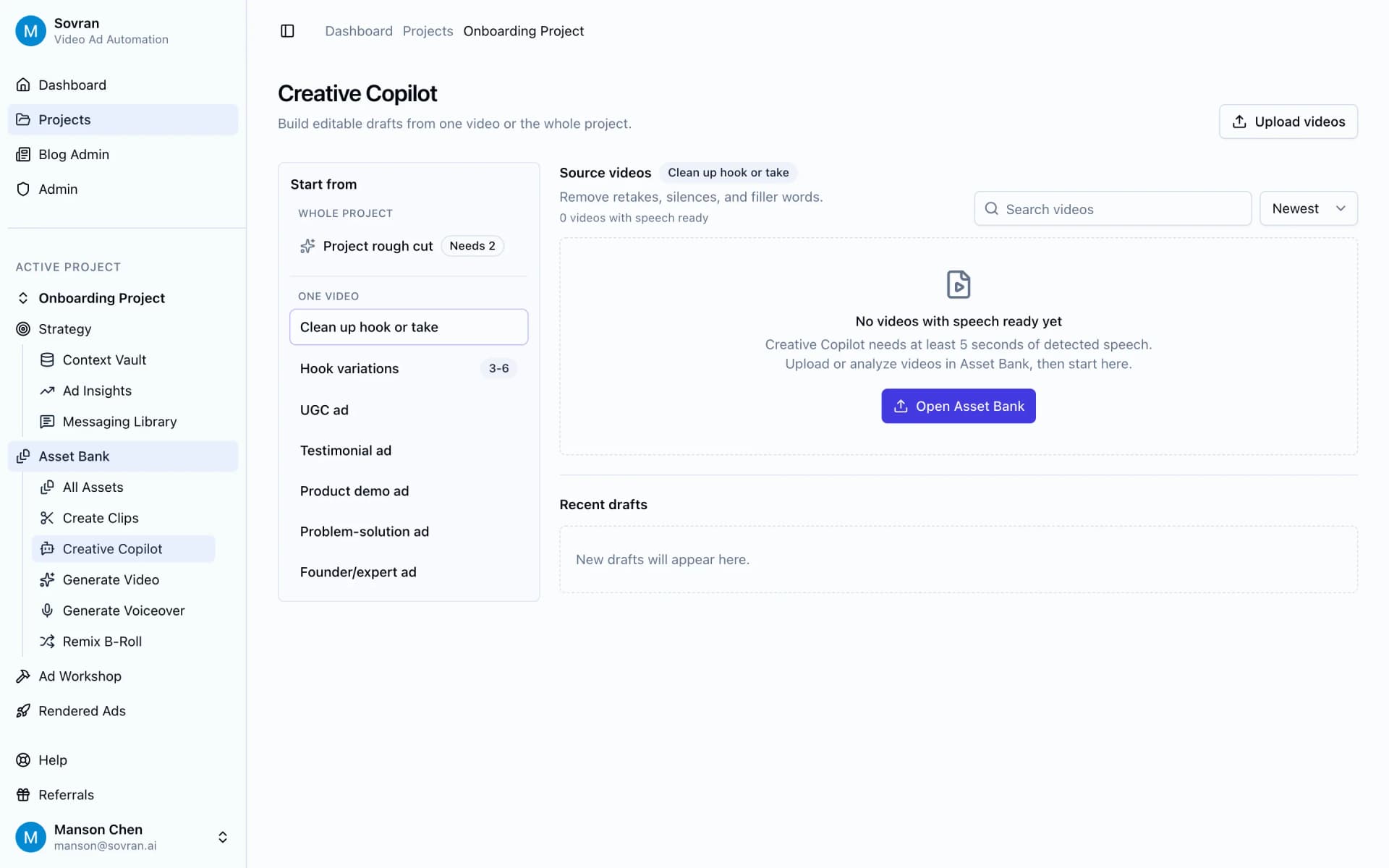 Sovran Creative Copilot workspace to automatically edit video ads from source clips