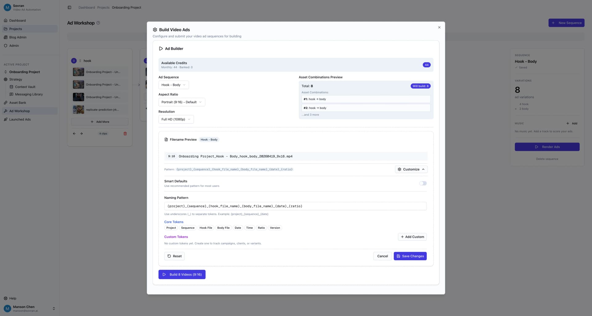 Modal showing video ad naming convention customization options.