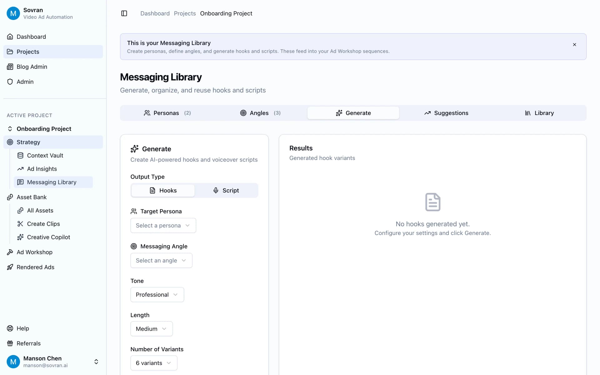 Messaging Library generate tab with persona, angle, tone, and variant controls