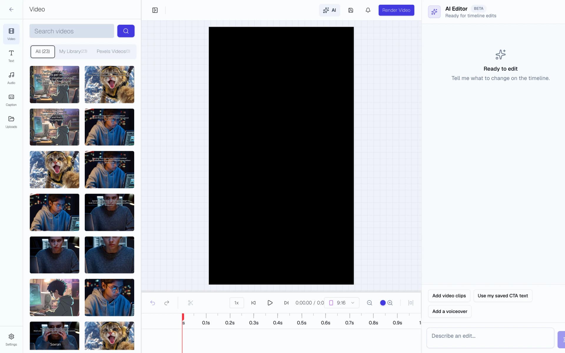 Video Editor with media clips, vertical preview, timeline, and AI edit panel