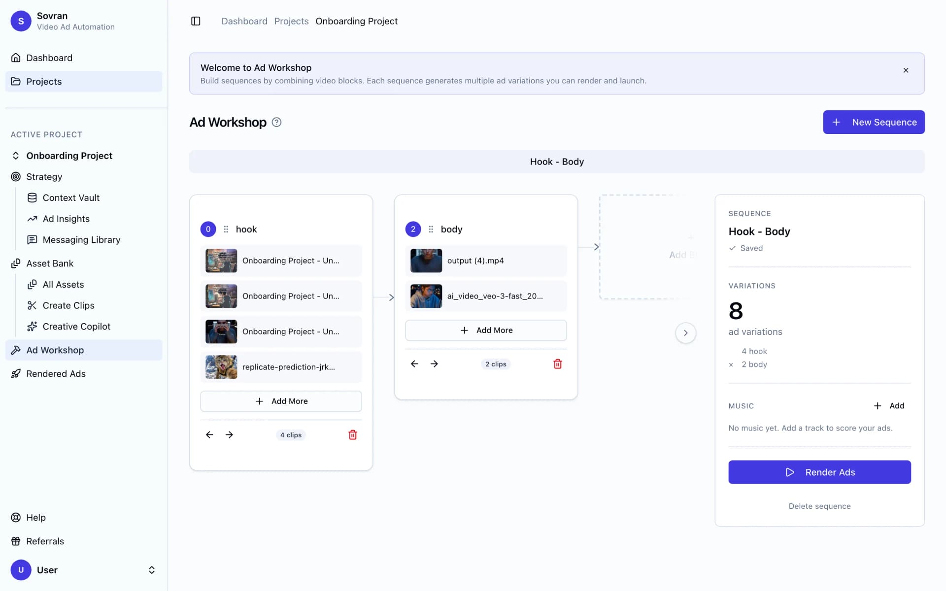 Sovran creative production platform showing hook and body blocks in Variation Builder