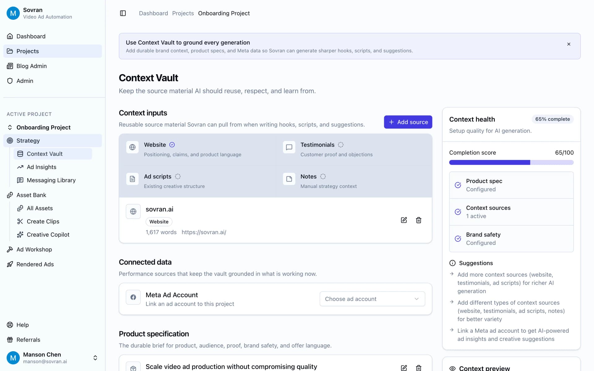 Context Vault with product claims, offer notes, and audience sources