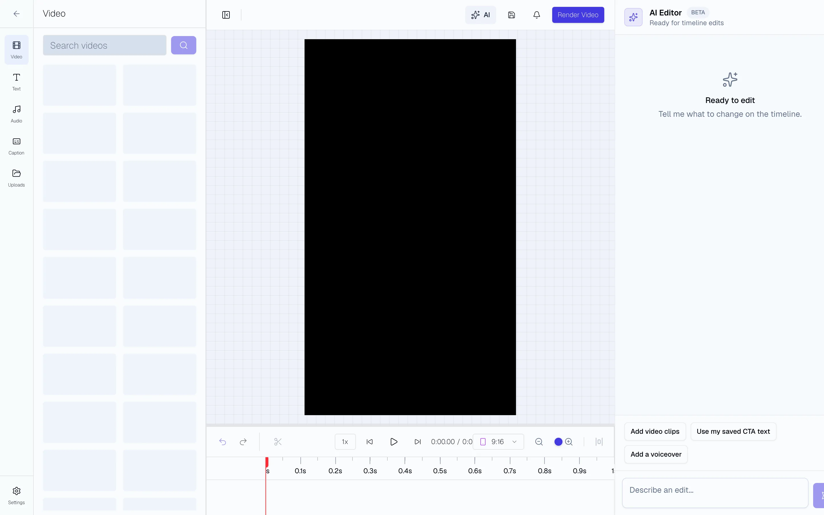 Video Editor with vertical preview, timeline controls, and caption tools