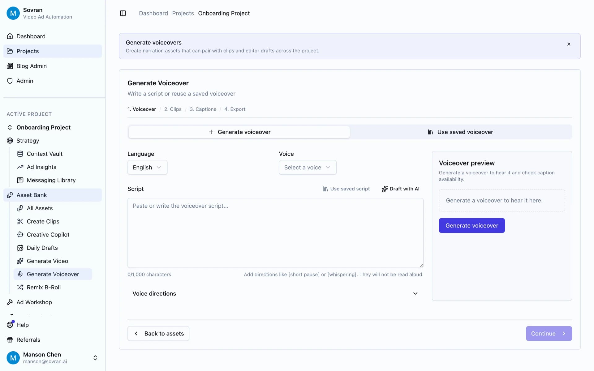 Generate Voiceover panel with script, voice, caption, and export steps