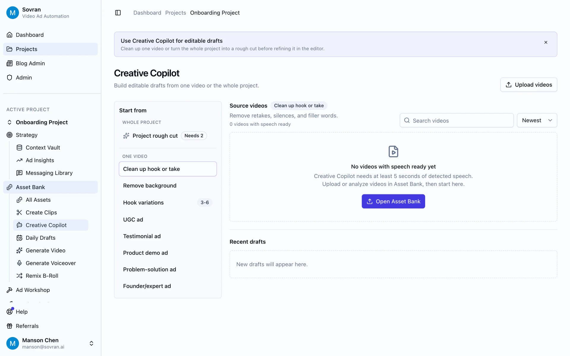 Creative Copilot draft options for cleaning up source clips before mobile edits