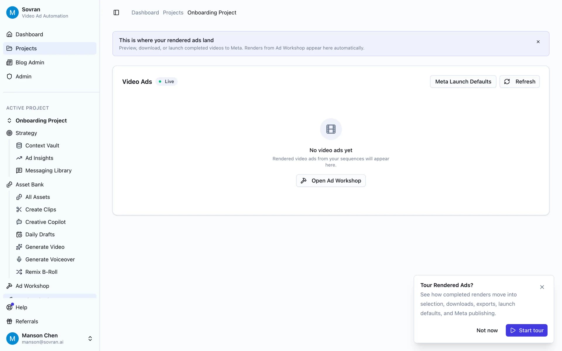 Rendered Ads page with finished video ads ready for review and export