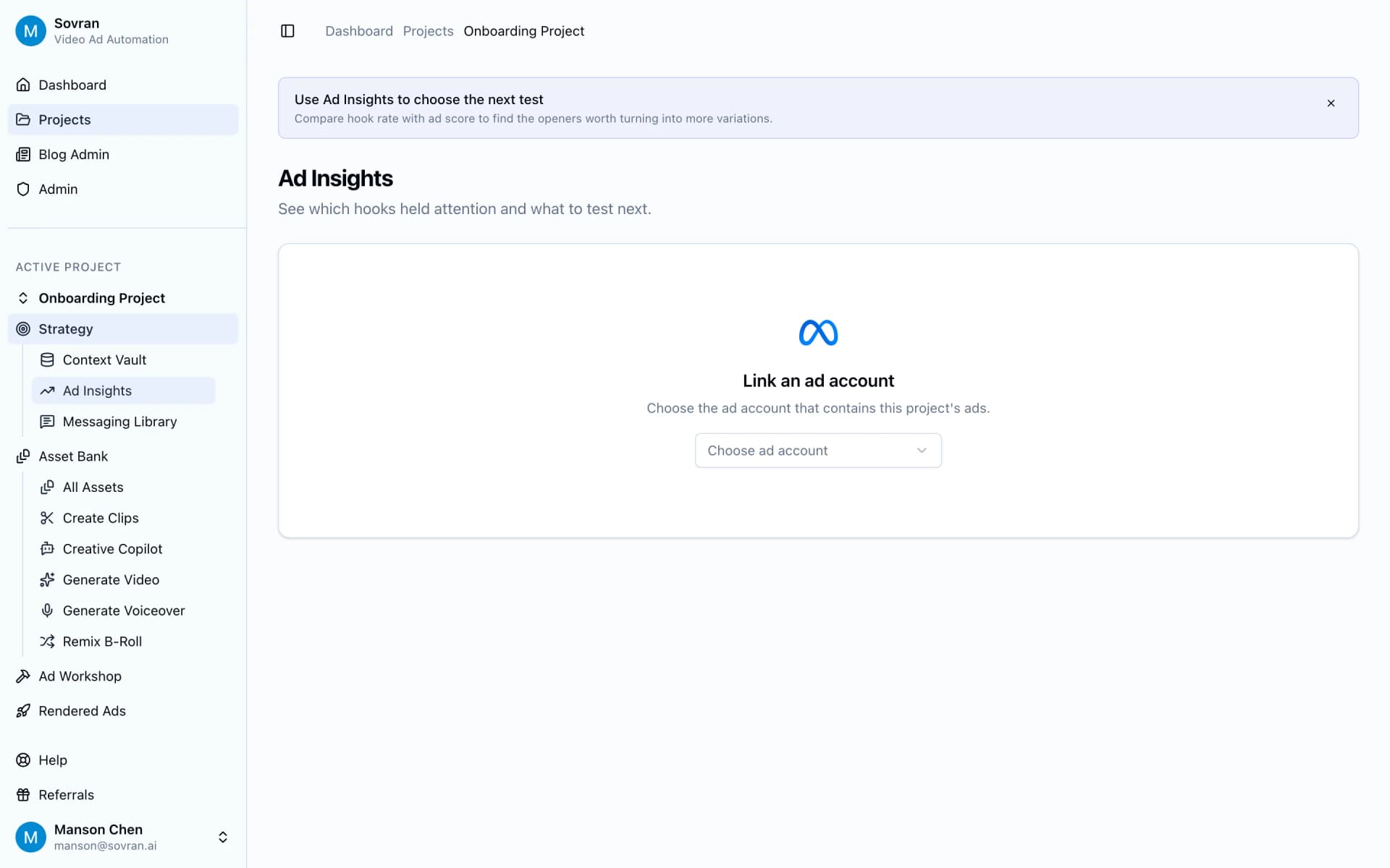 Ad Insights page with a Meta ad account selector for performance review