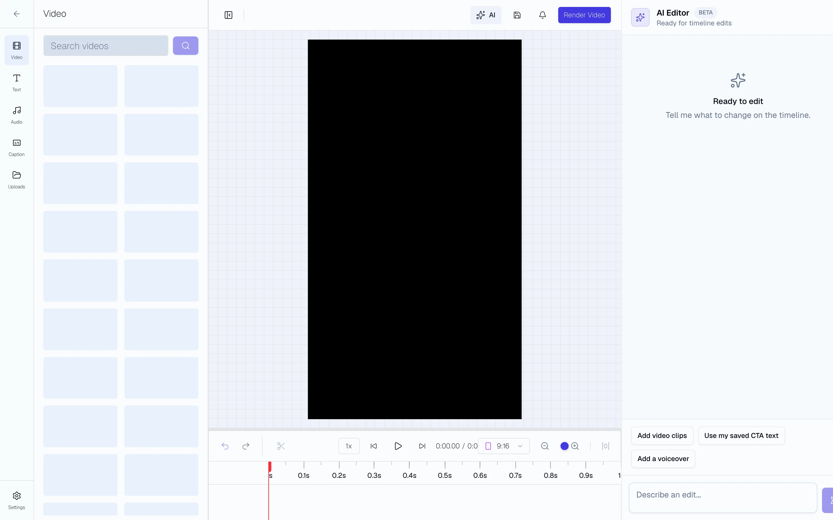 Video Editor with 9:16 preview, timeline controls, and AI edit panel