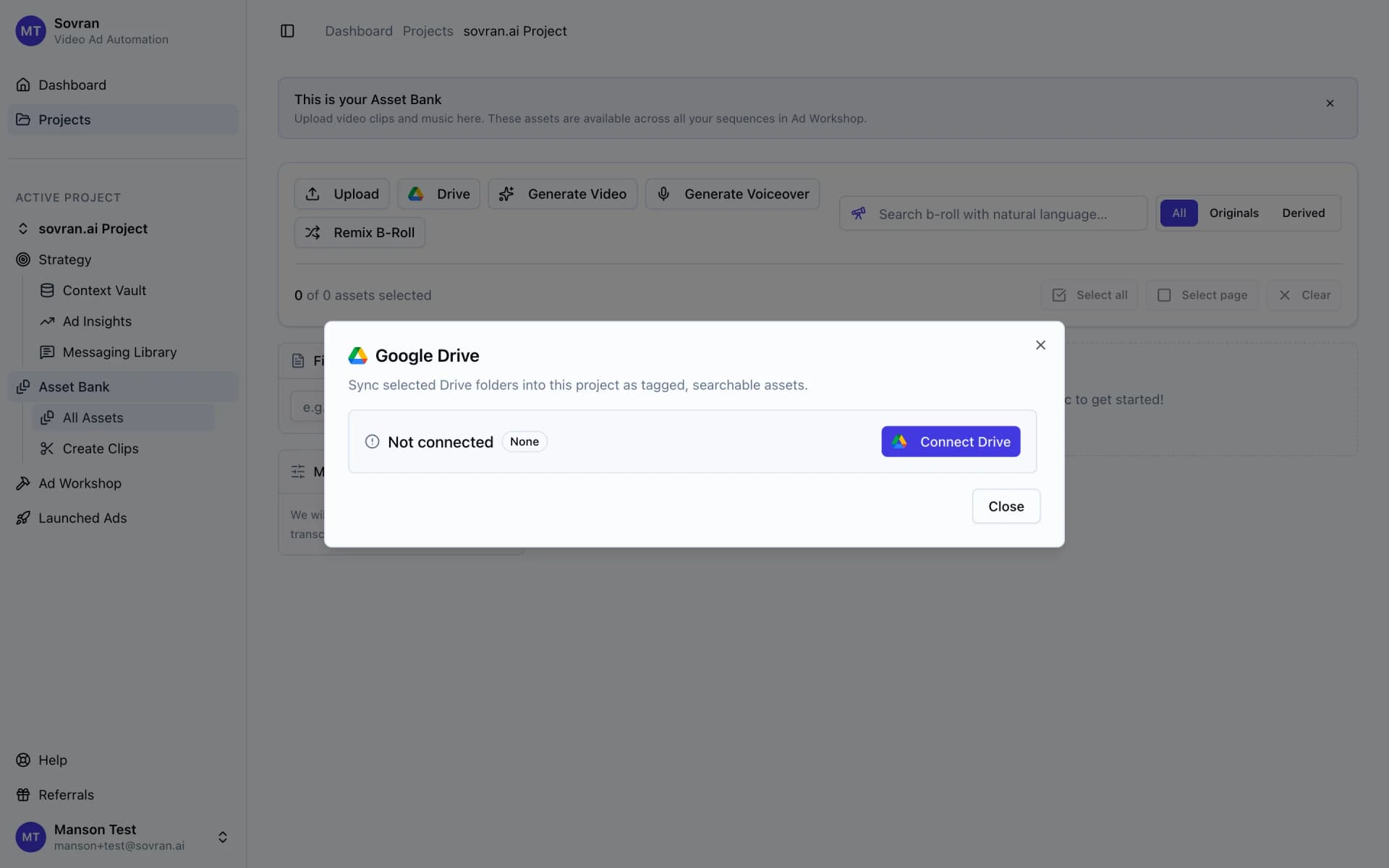 Google Drive video ad maker modal open in Sovran Asset Bank