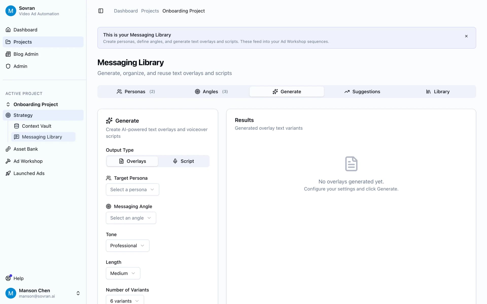 Messaging Library generate workspace with settings for new overlay and script variants