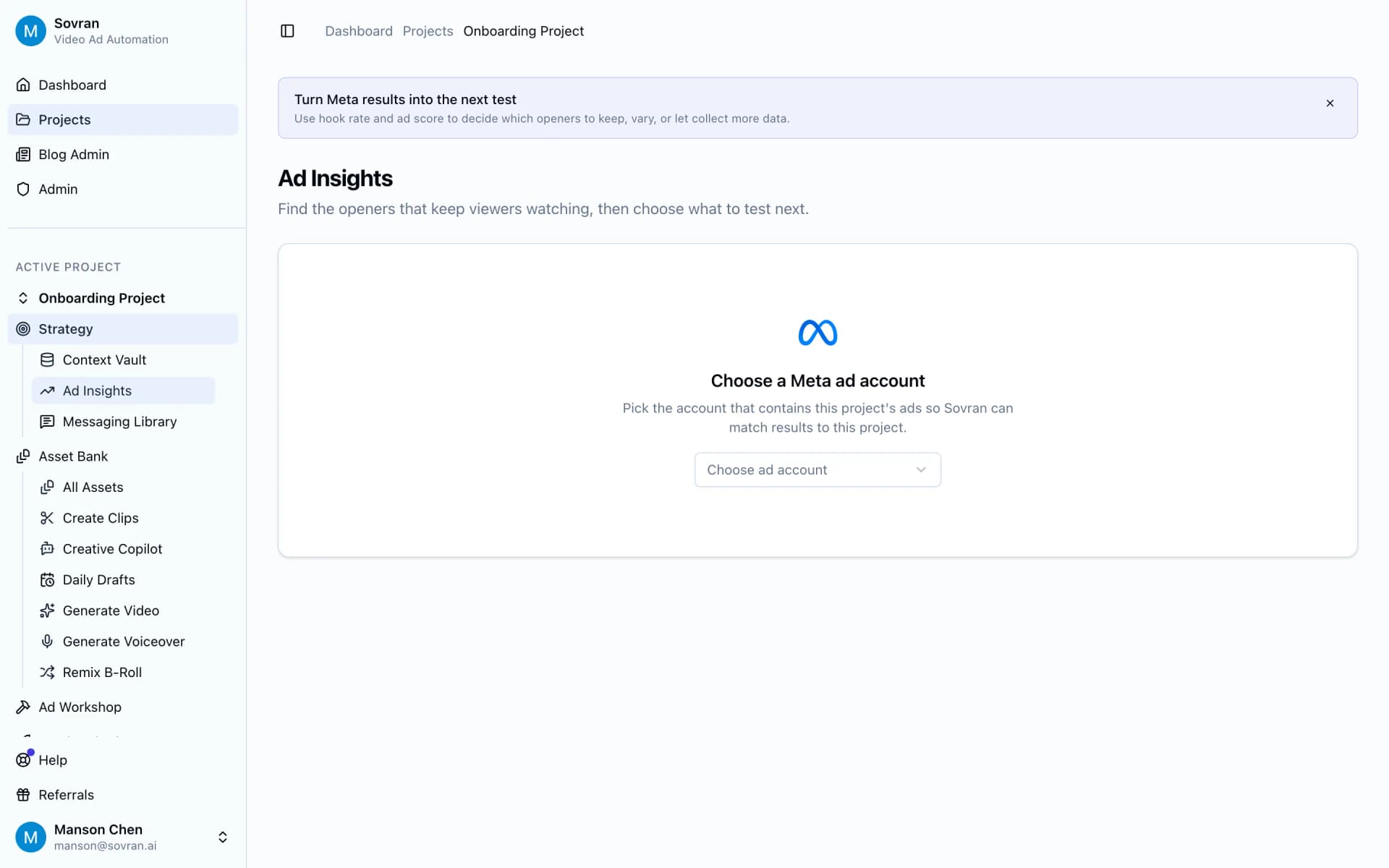 Ad Insights page prompting the user to choose a Meta ad account